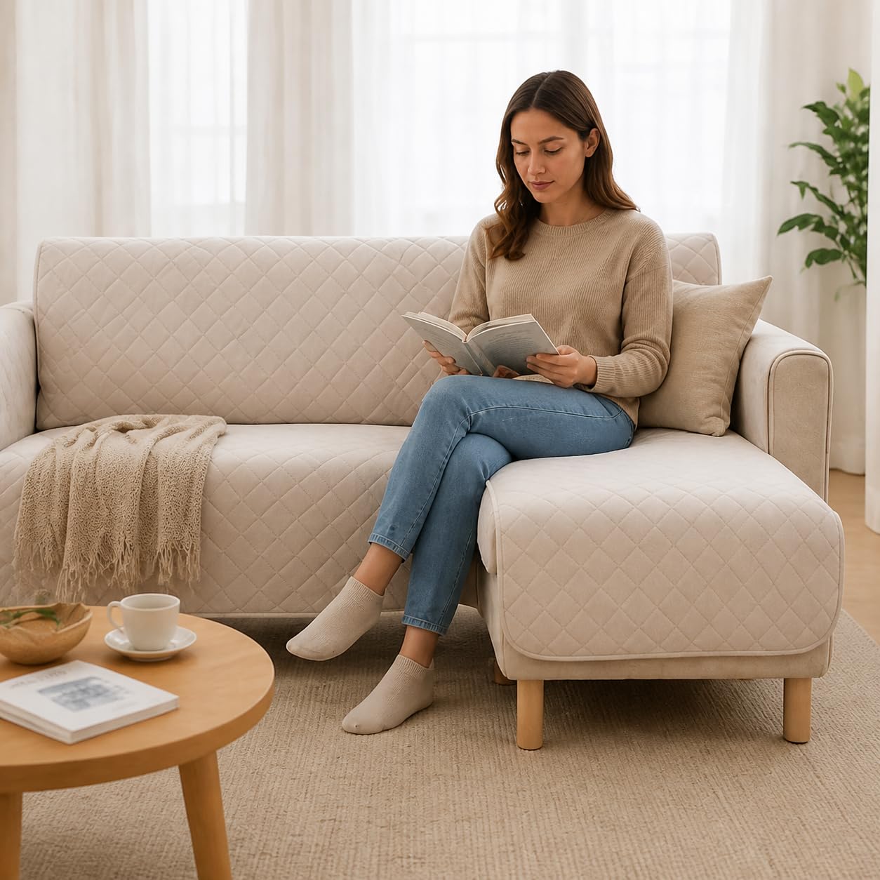 Lanovenanube - Funda Chaise Longue Acolchado Mallorca - Práctica Reversible 240 cm - Color Marfil
