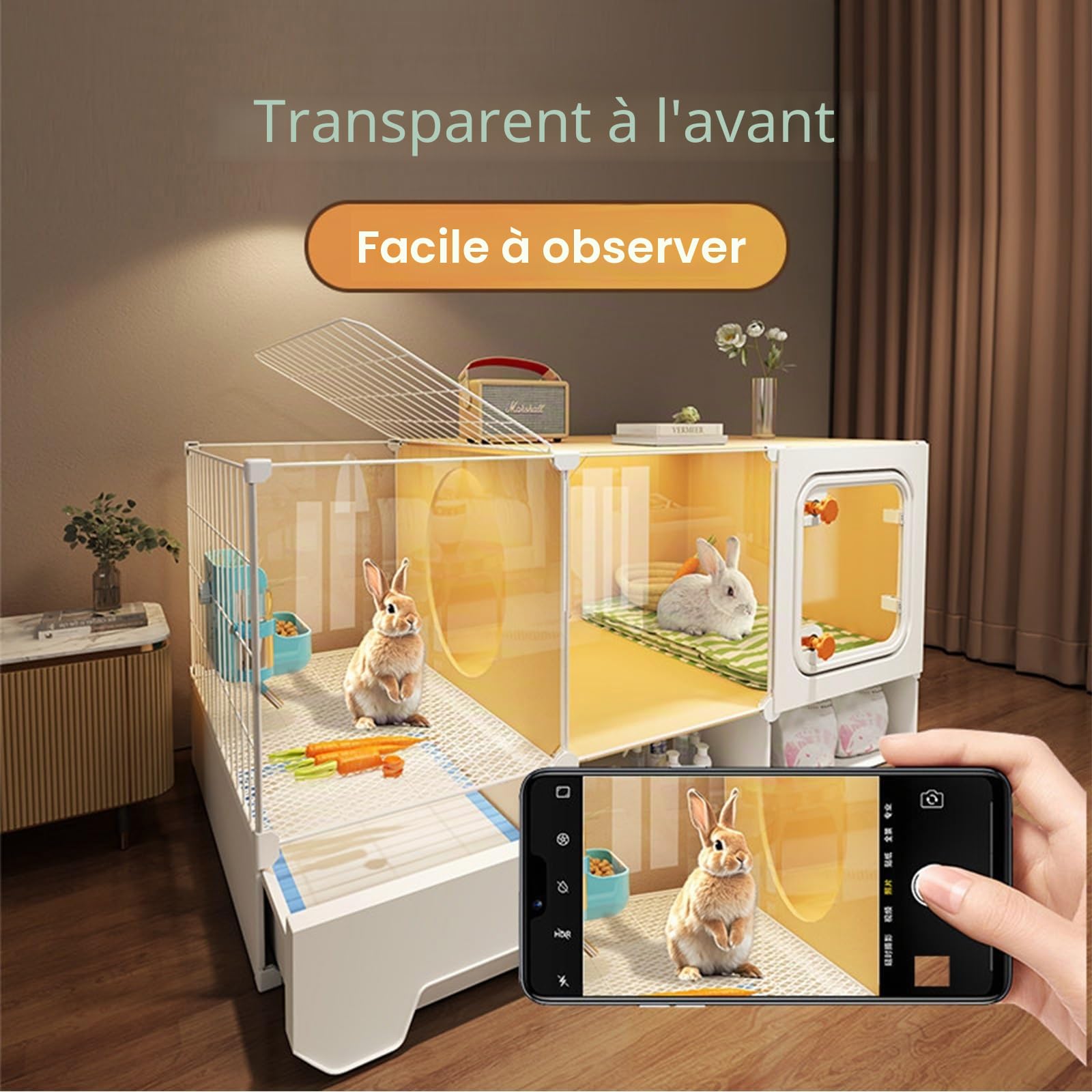 Cage Lapin d'intérieur, Cage avec Plateau Coulissant et Espace de Rangement, Maison Lapin Transparente, for Petits Animaux(106x45x53CM)
