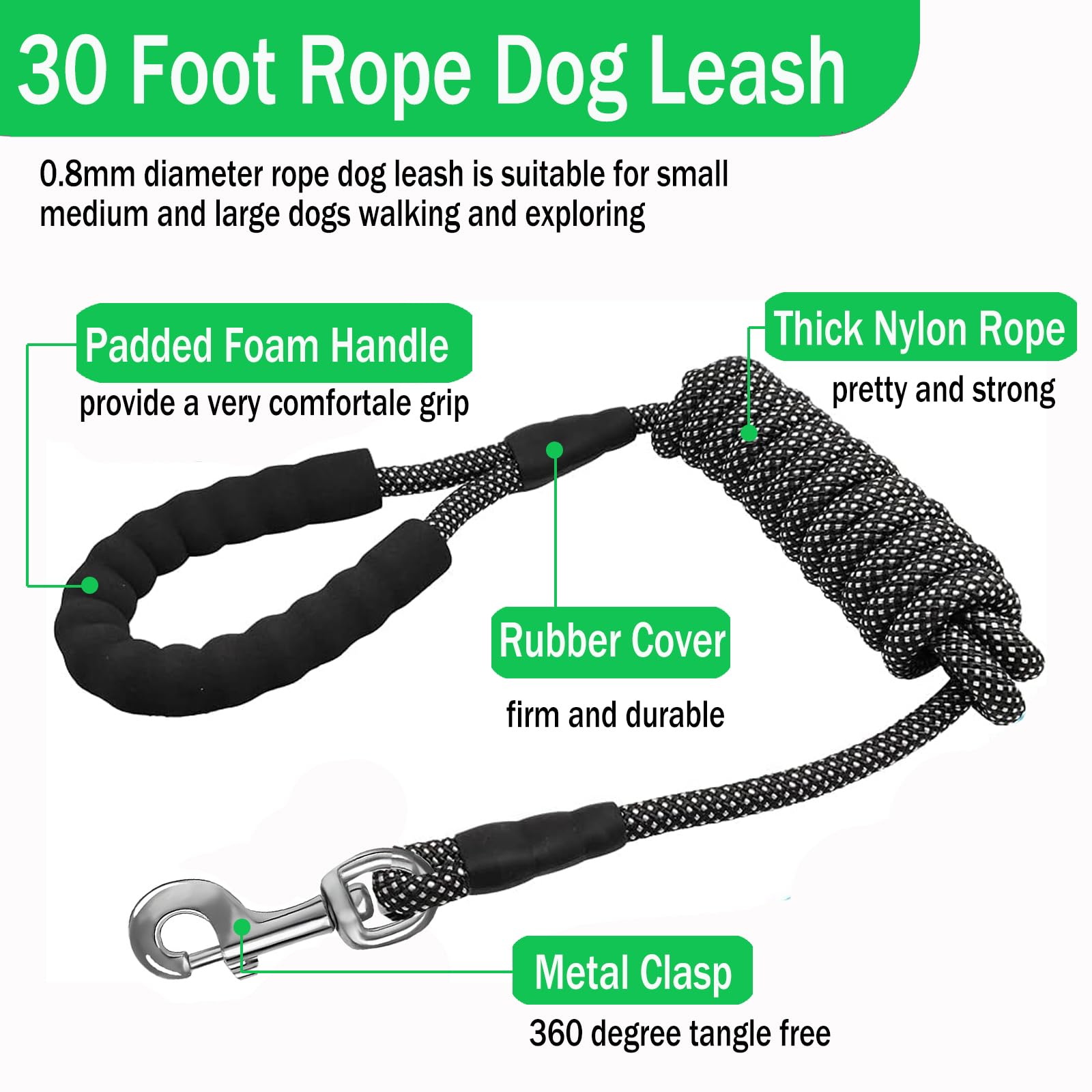 30FT Long Leash for Dogs,Heavy Duty Reflective Long Dog Leash with Swivel Hook and Comfortable Padded Handle for Large Medium Small Pets