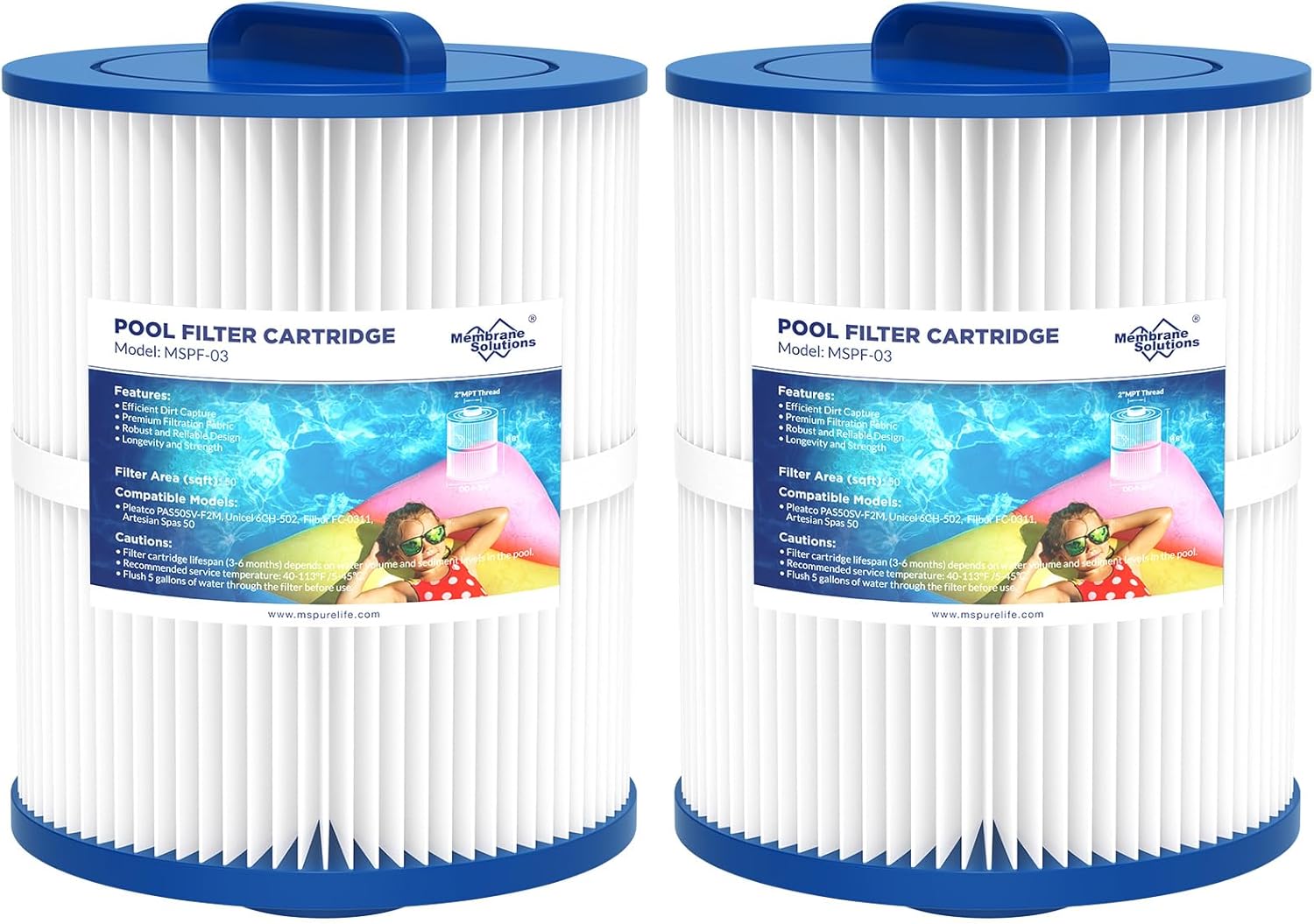 Membrane Solutions PAS50SV-F2M Hot Tub Spa Filter Cartridge, Compatible with Unicel 6CH-502, Filbur FC-0311, Excel Filters XLS-604, Baleen AK-90161, Magnum AR50, Master Deluxe M60506, 2Pack