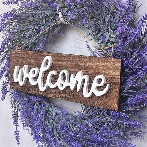 Corona de lavanda con letrero de bienvenida para puerta delantera, corona floral, guirnalda de bienvenida para decoración de bodas y fiestas