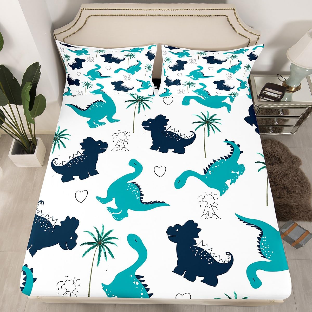 Spannbetttuch Mit Dino-Print – Tiefe Tasche Bis 35,6 Cm, Twin XL Größe | Marineblau, Weich & Pflegeleicht