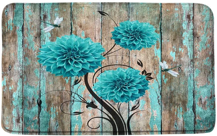 Teal Floral Bath Mats Dahlia Flower Dragonfly Bathroom Rugs Rustic Vintage Wooden Door Country Nature Plant Barn Wood Farmhouse Non-Slip Carpet Bedroom Kitchen Floor Decor 24"x16"