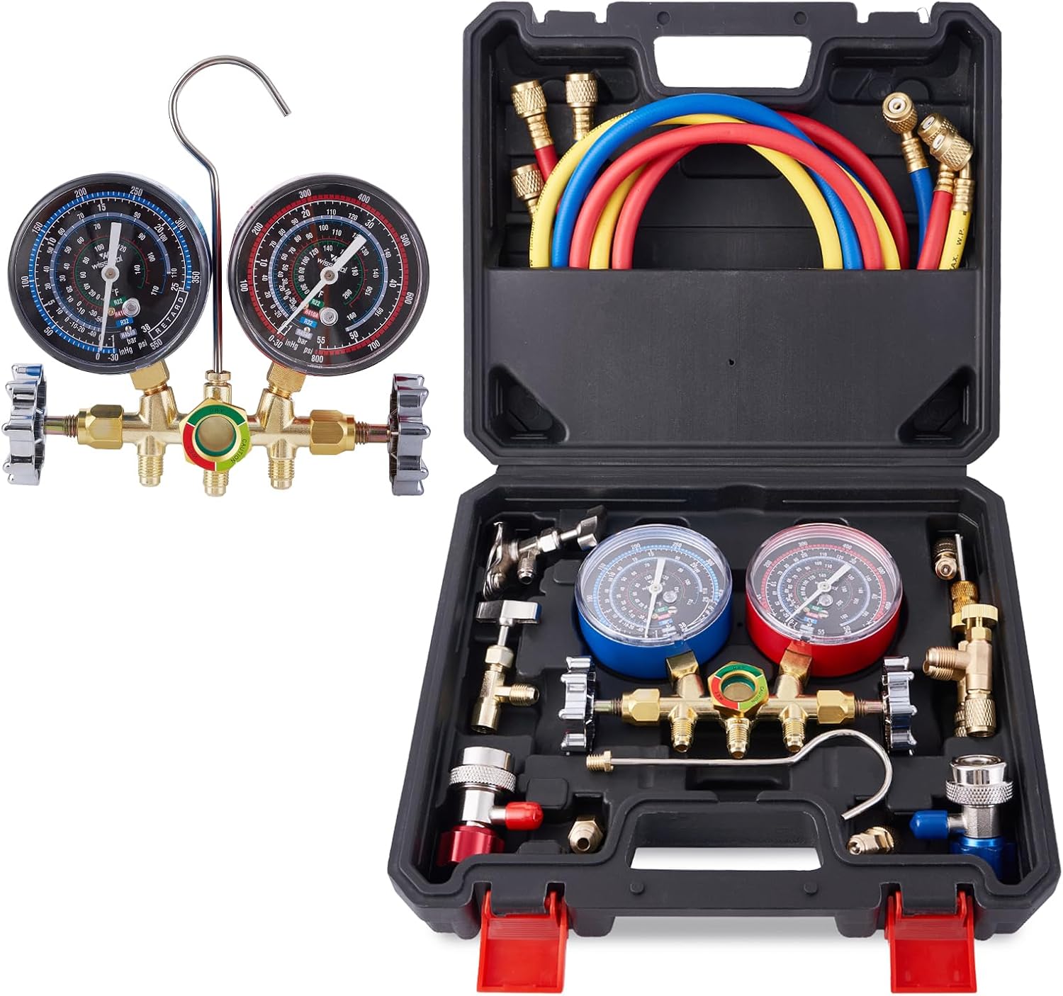 HVAC A2L Manifold Gauge Set, R454B R410A R32 R22 Refrigerant AC Gauges with 5FT Hose Adapters AC Quick Couplers
