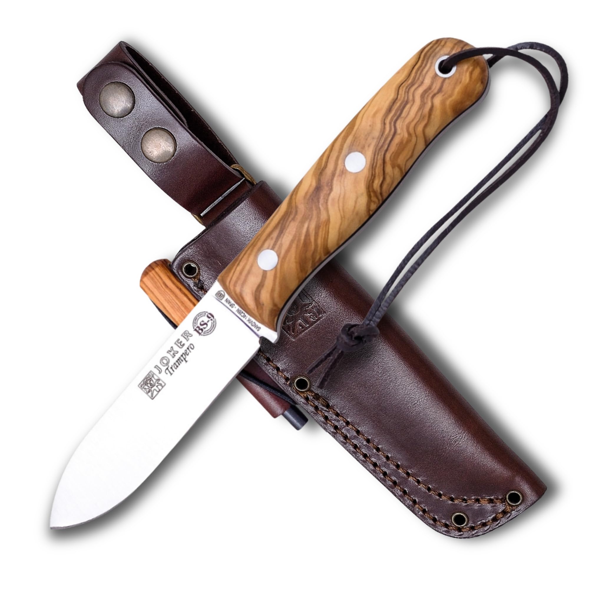 Joker CO113-P sportowy nóż myśliwski Trampero, nóż do paska z drewnianym uchwytem z drewna oliwkowego, skórzana pochwa z krzesiwem, ostrze 10 cm stal Sandvik 14c28n, narzędzie do wędkowania, polowania, na kemping i wędrówki