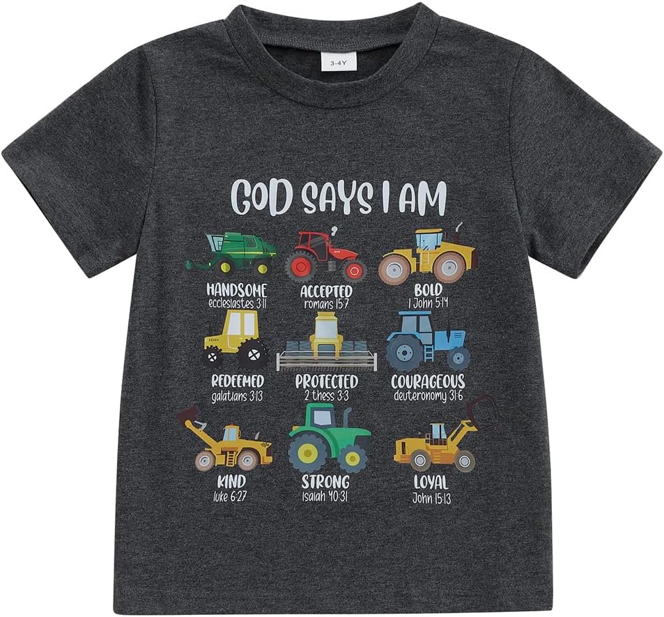 Kids Toddler Little Boys Christian Shirts God Says I Am Construction Bible Verse Truck Excavator T-Shirt
