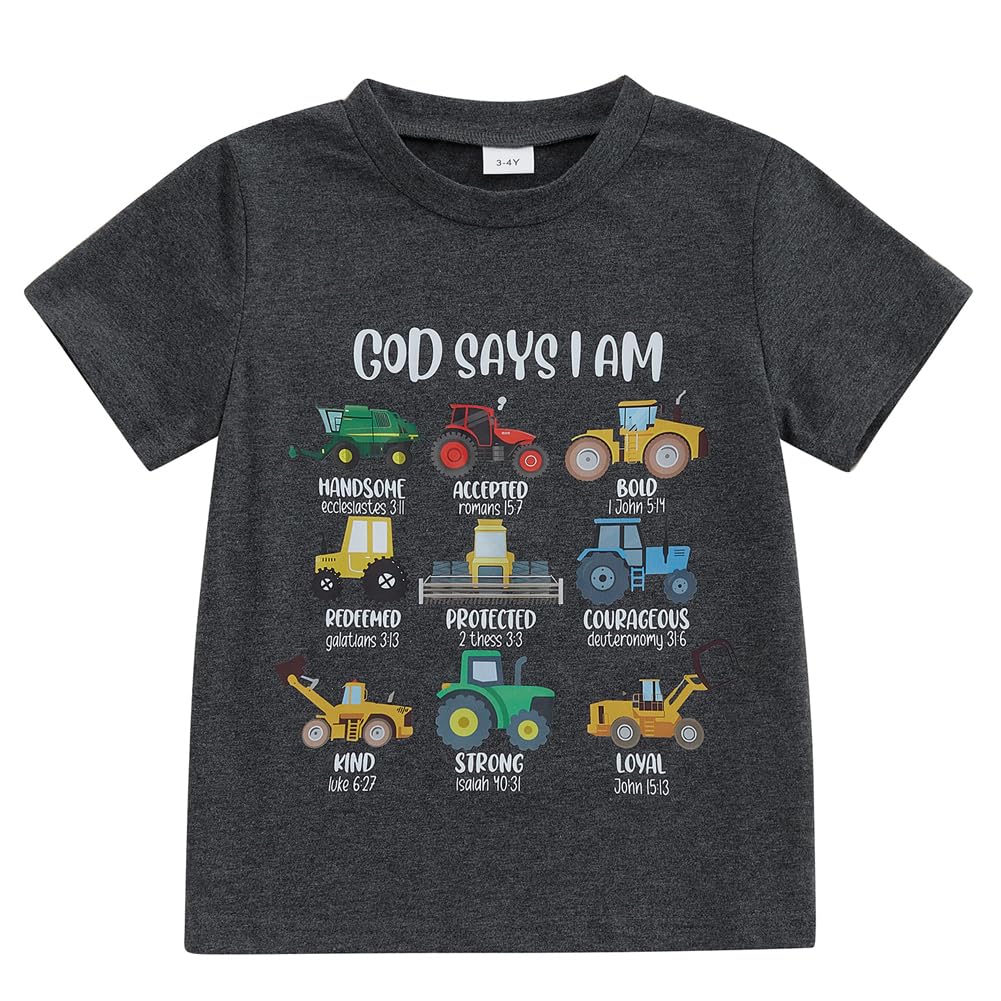 Kids Toddler Little Boys T-Shirt God Says I Am Construction Bible Verse Truck Excavator Tractor Shirt (Black, 18-24 Months)