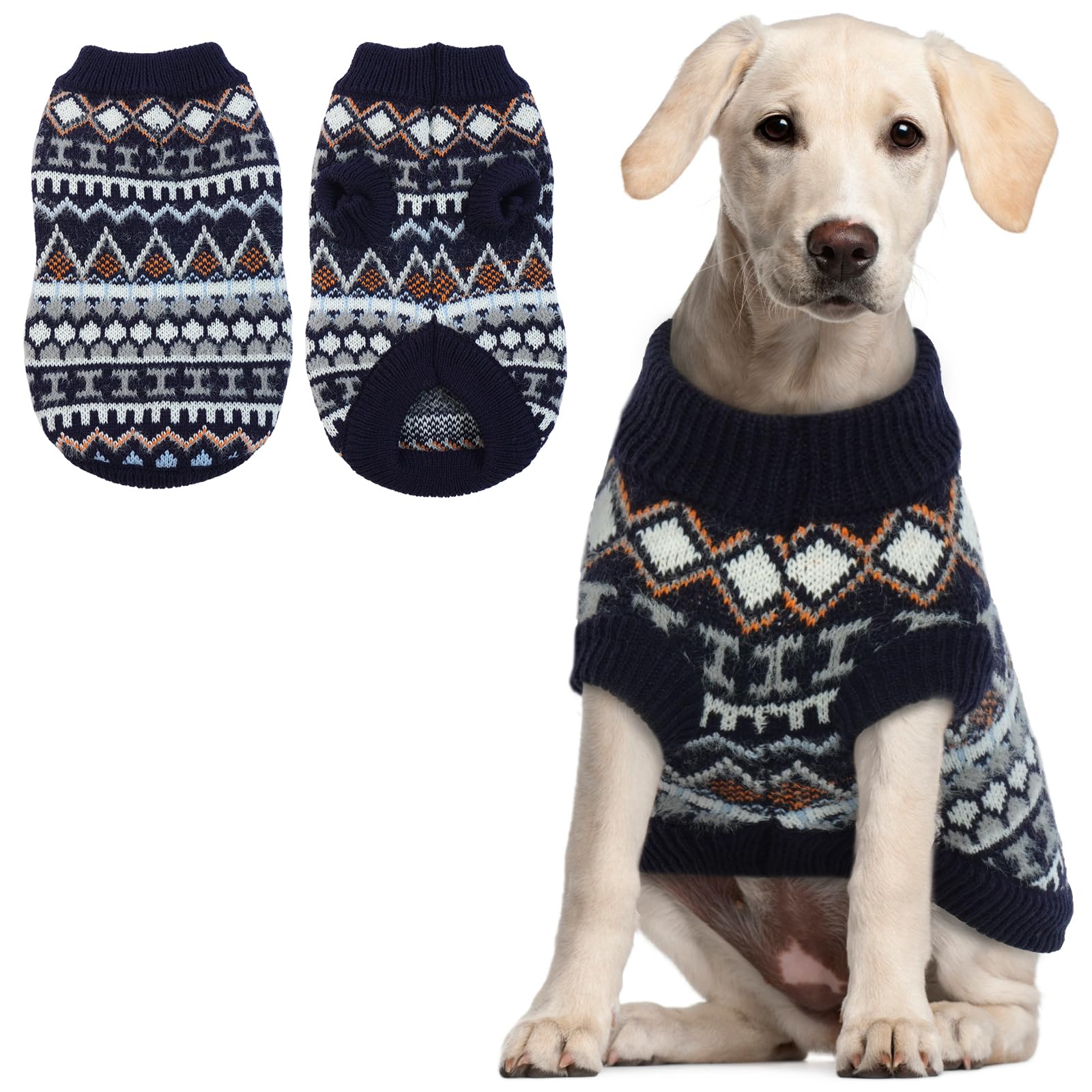 Hjumarayan Dog Jumper for Small to Large Dogs – Boho Knitted Winter Sweater with Harness Hole, Thick Warm Stretchy Pet Clothes for Cold Weather, Navy Blue 3XL