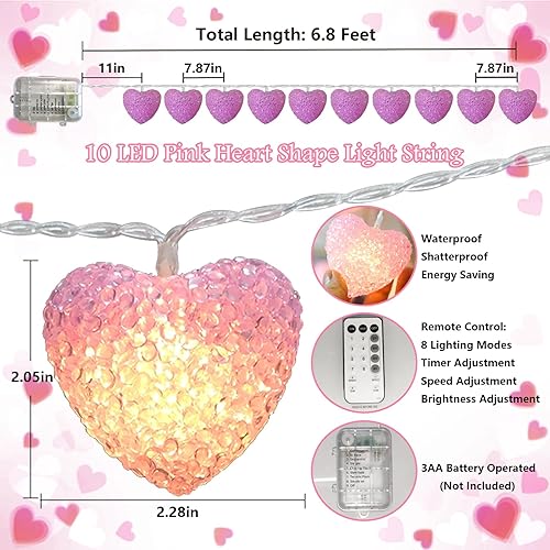Miniatura 2 de Guirnalda de luces de corazón de 6.8 pies, 10 luces LED de corazón rosa, inastillables con temporizador remoto, luces de corazón de San Valentín