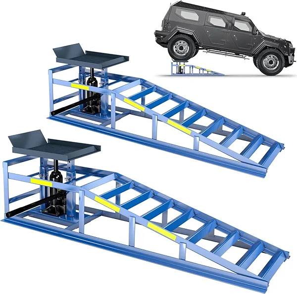 2 PCS Car Ramp, 5T/11000 LBS Heavy-Duty High Load Car Ramp, Hydraulic Oil Change Ramp with Built-in High Visibility Night Reflective Strip, Adjustable Lifting Height of 9.8-15 in Garage Car Lift
