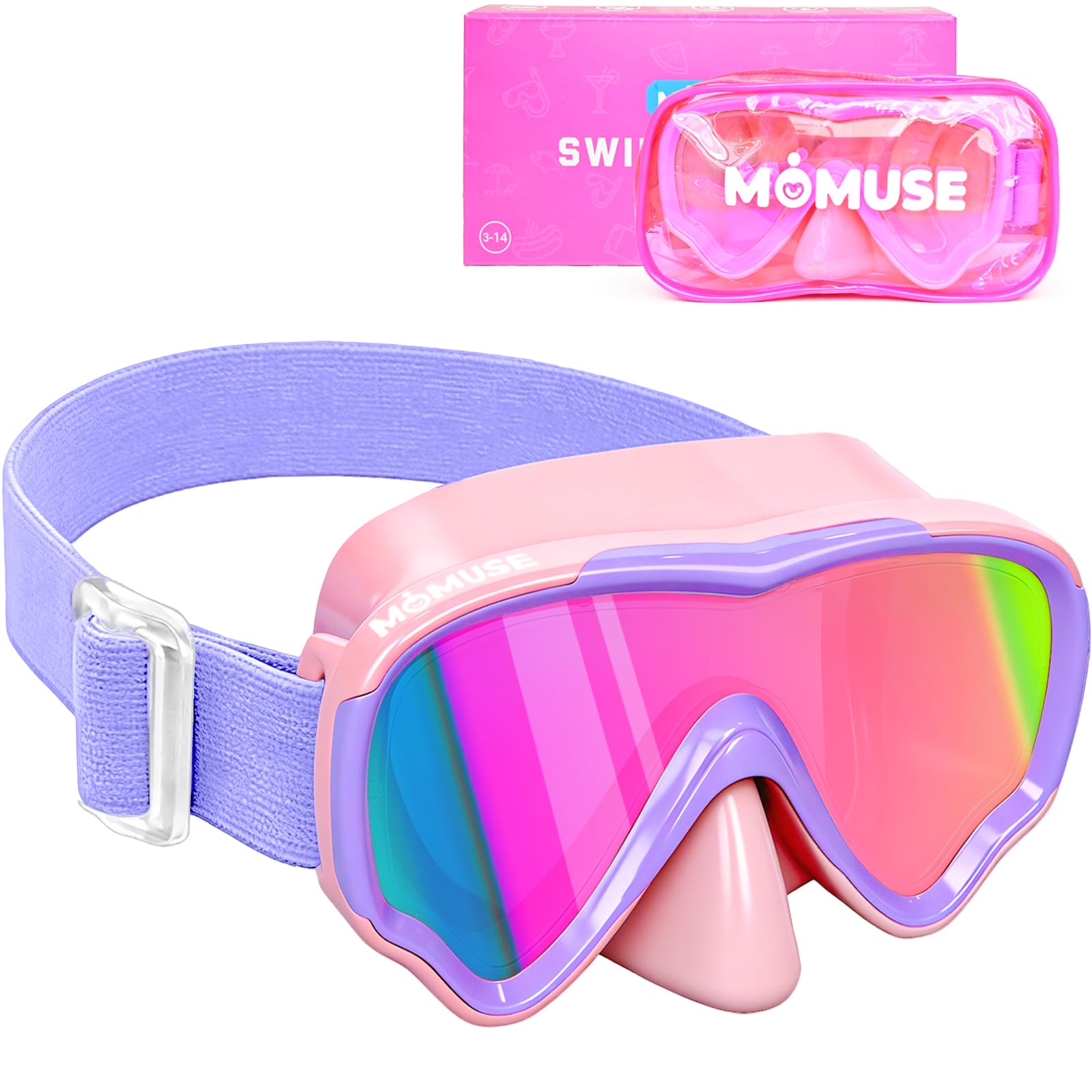 MOMUSE Taucherbrille Kinder mit Weichem Stoffband, Kinder Schwimmbrille | UV-Schutz, 3D Nasenabdeckung, Bruchsichere Linse, Tauchmaske Antibeschlag, Schnorchelmaske für Jungen Mädchen 3-14 Jahr