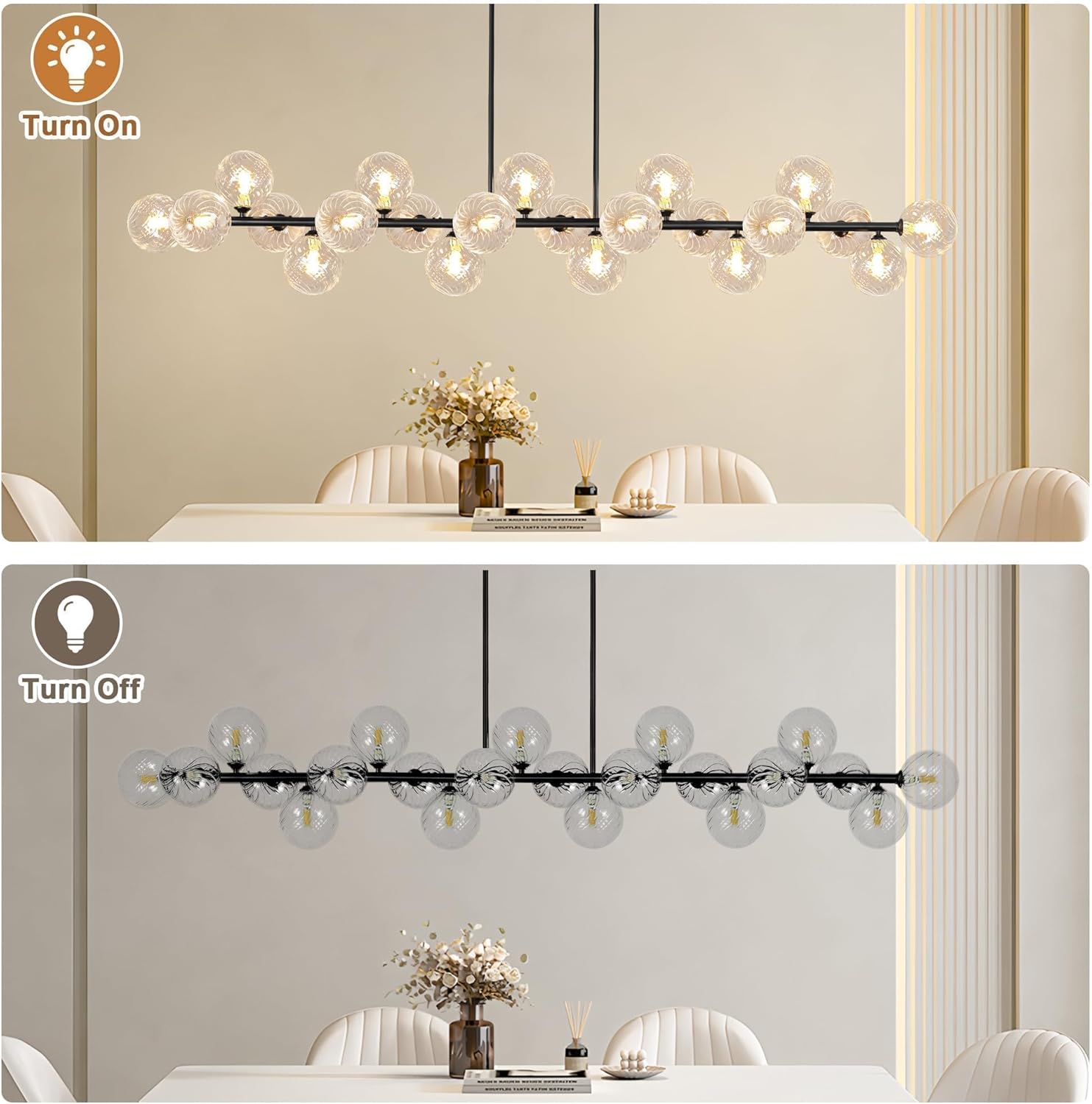 Dining Room Chandelier 70 Inch Modern Linear Chandelier 22 Lights Clear Glass Globe Pendant Light Sputnik Light Fixture for Kitchen Island, Living Room, Farmhouse