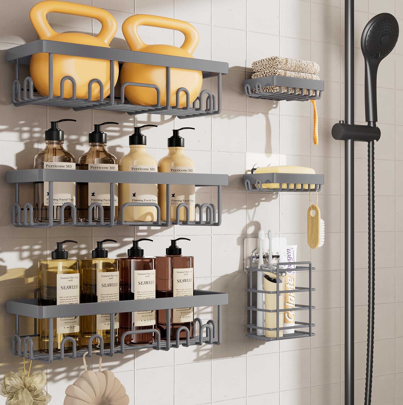 Veken 6-Pack Rustproof &amp; Waterproof Shower Caddy, Adhesive Shelves Rack, Large Capacity Bathroom, College Dorm &amp; Apartment Organizers, No-Drill Wall Mount Living Room &amp; Bedroom Decor, Light Grey