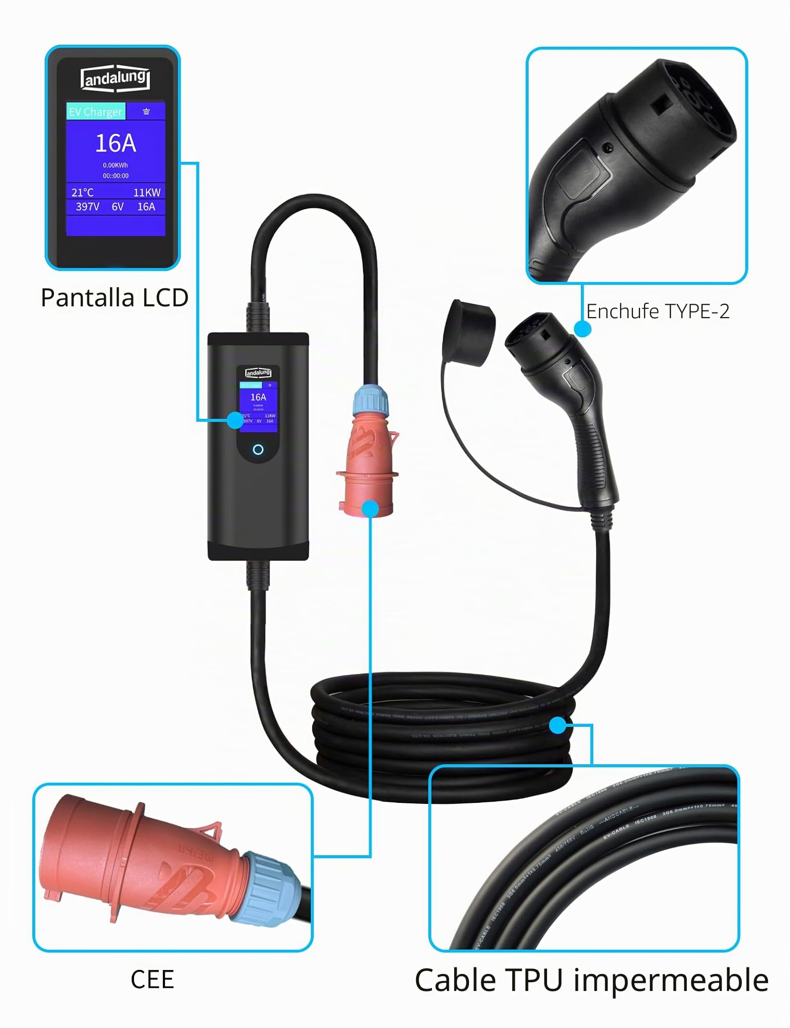 Cargador EV portátil de 11 kW, 3 Fases, 6-16 A, con Corriente Ajustable, Control a través de la App Mediante Wi-Fi, Cable de 7 m, protección IP65, Compatible con Todos los vehículos PHEV/EV