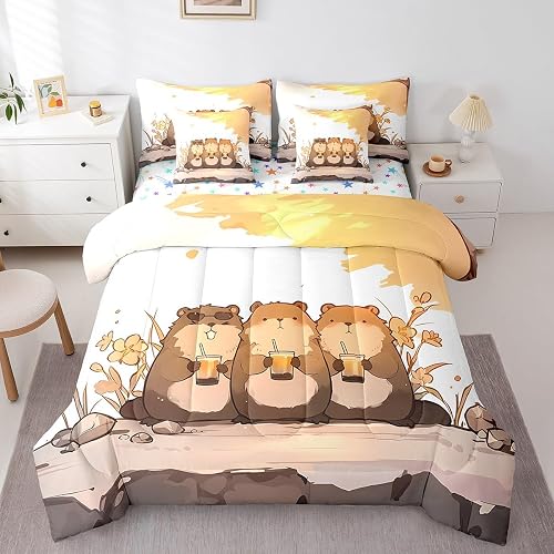Lovely Capybara Comforter Set 7 Piece Bed in a Bag Twin, Pet Rodents Bedding Set