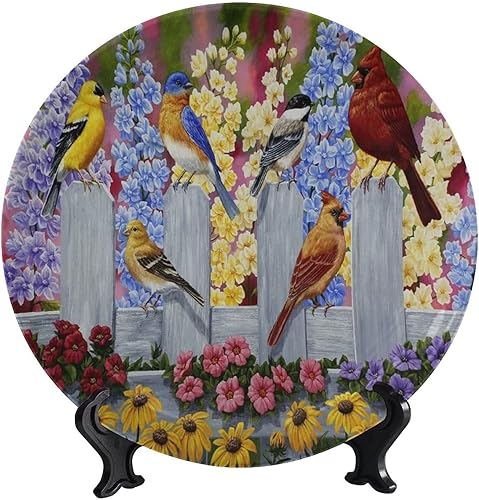 Miniatura 5 de Plato decorativo redondo de flores y pájaros, 8 pulgadas, casa de pájaros sobre cerezo, plato decorativo de cerámica con soporte vertical, plato de