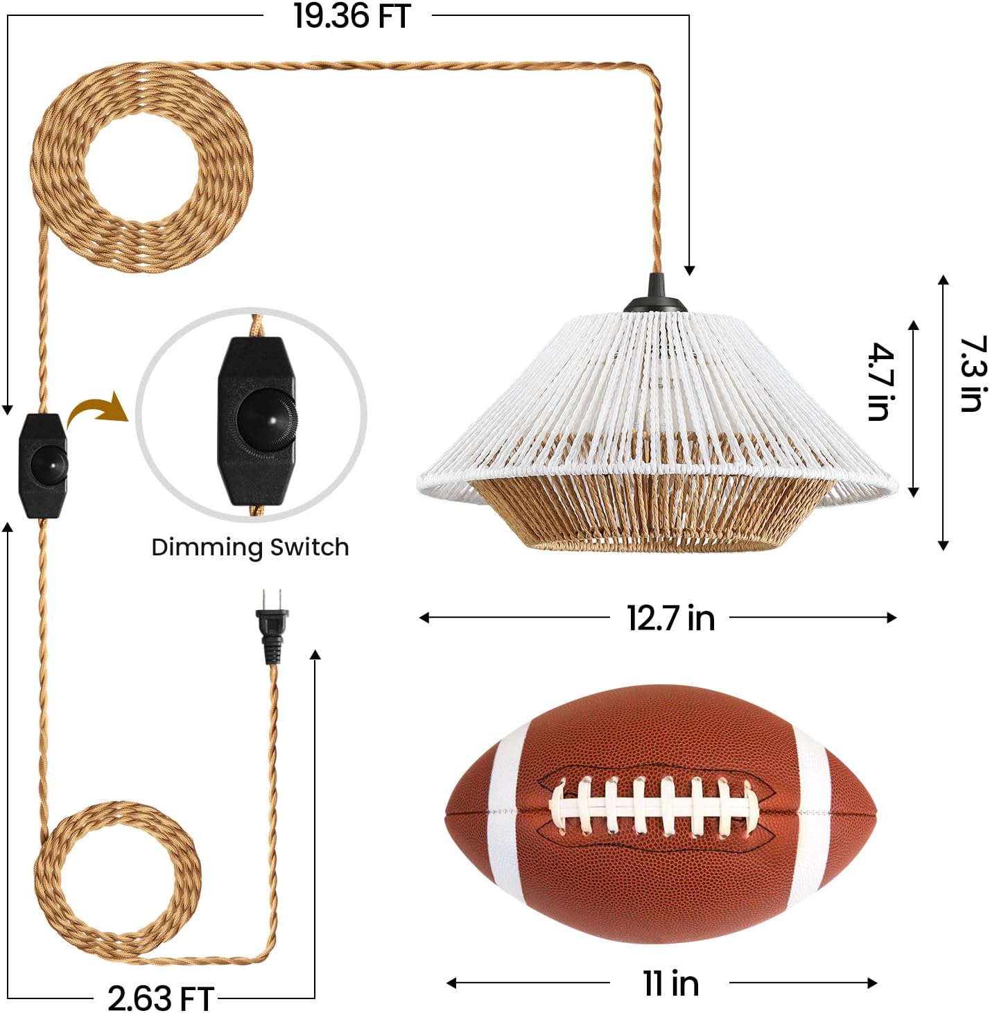 Epinl Boho Hanging Lamps Rattan Pendant Light 23ft Plug in Cord Hanging Light Fixture Dimmable Pendant Lamp Shape Wicker Plug in Ceiling Light for Living Room Bedroom Kitchen