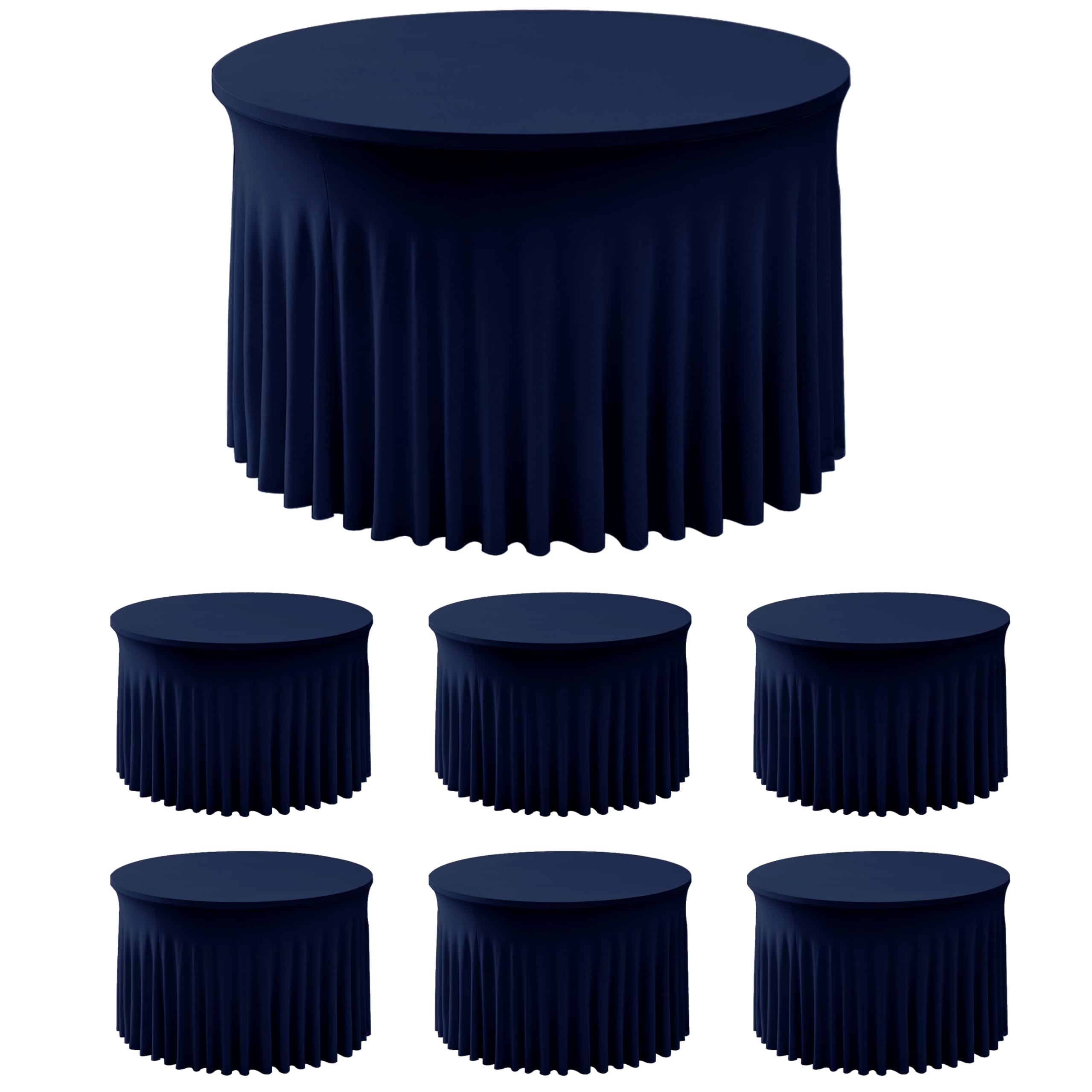 Fitted Navy Spandex Table Skirts for Wedding Party,60 Inch Round,6 Pack
