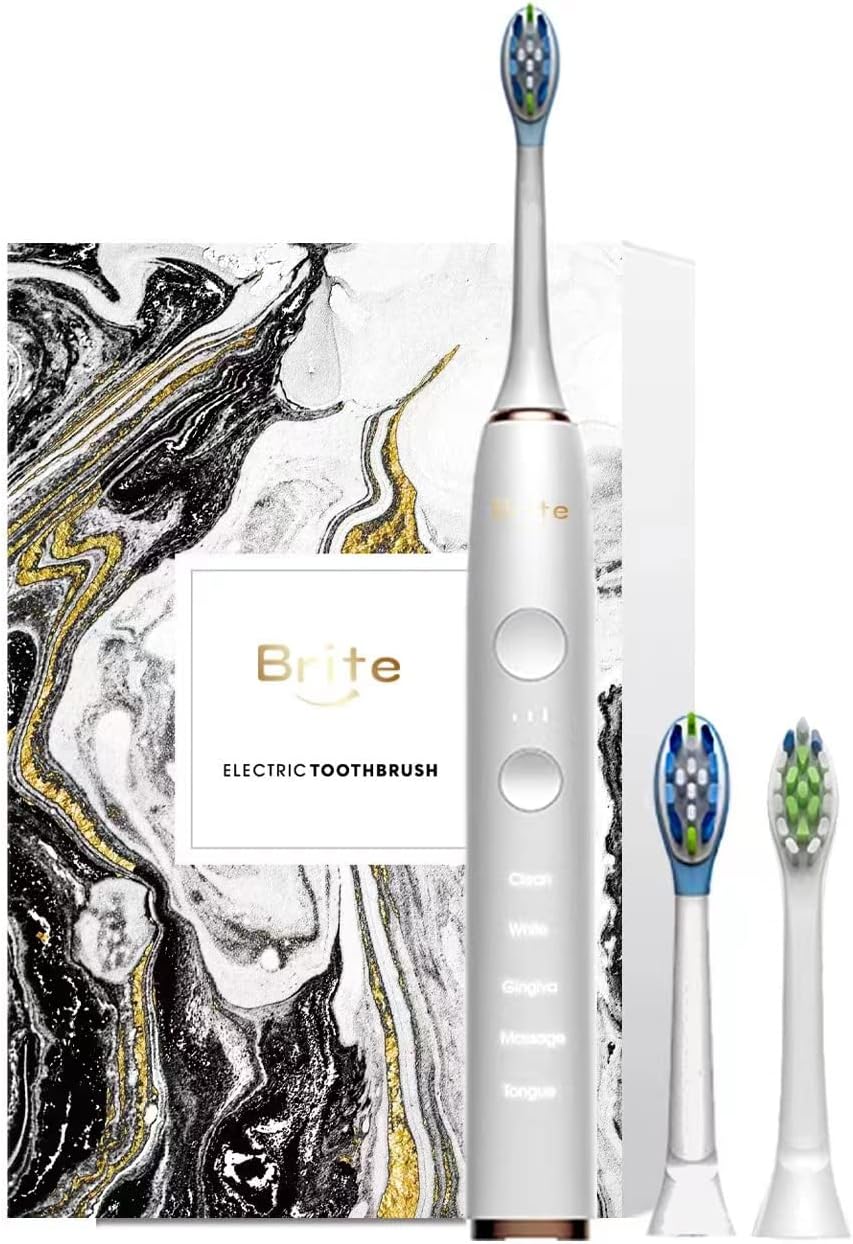 Electric Toothbrush, Brite RS2 Sonic Rechargeable Toothbrush for Adult, 5 Modes 2 Brush Heads 2min Timer IPX 7 Waterproof, 15hrs Charge 120 days Battery Life (White)