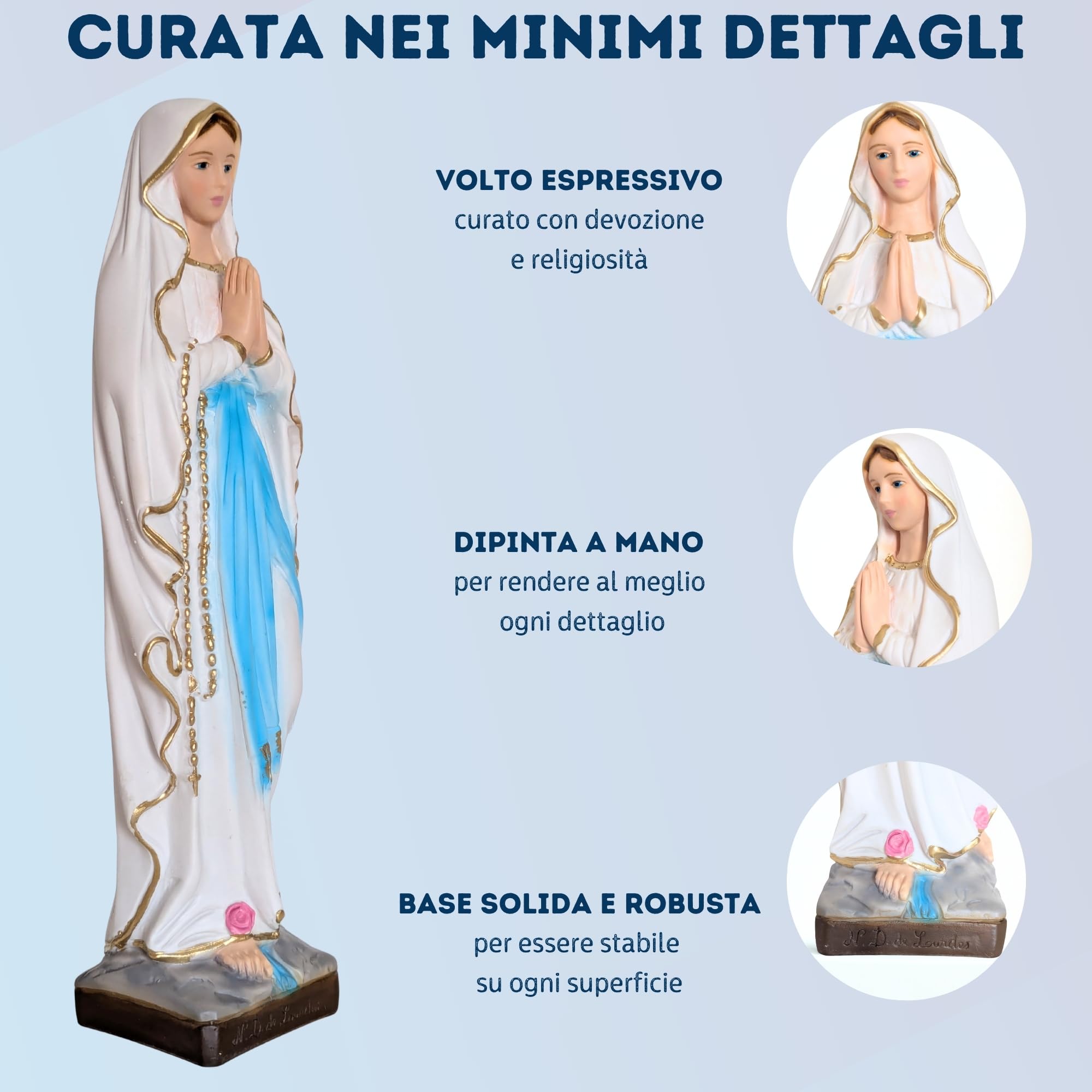 OVUNQUE PROTEGGIMI Statua Madonna di Lourdes cm 30, in Polvere di marmo, per Interni ed Esterni, Statuetta della Madonnina Realizzata artigianalmente in Toscana.