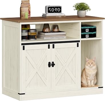 Hzuaneri Cat Litter Box Enclosure, Hidden Litter Box Furniture with Storage, Wooden Cat Cabinet with Scratch Pad, Farmhouse Cat Washroom, TV Stand End Table, Rustic Brown and White CB88614X
