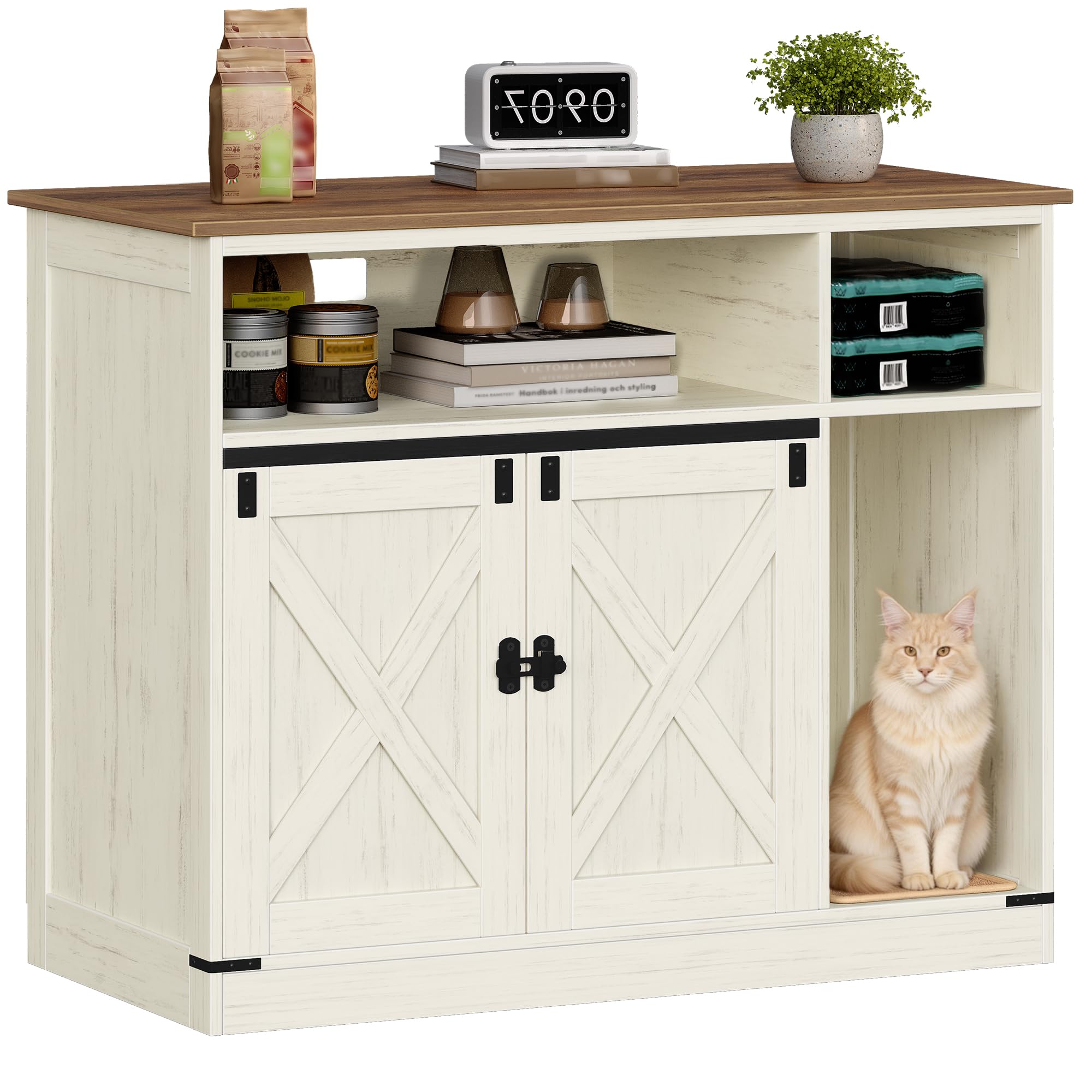 Hzuaneri Cat Litter Box Enclosure, Hidden Litter Box Furniture with Storage, Wooden Cat Cabinet with Scratch Pad, Farmhouse Cats House, TV Stand End Table, Rustic Brown and White CB88614X