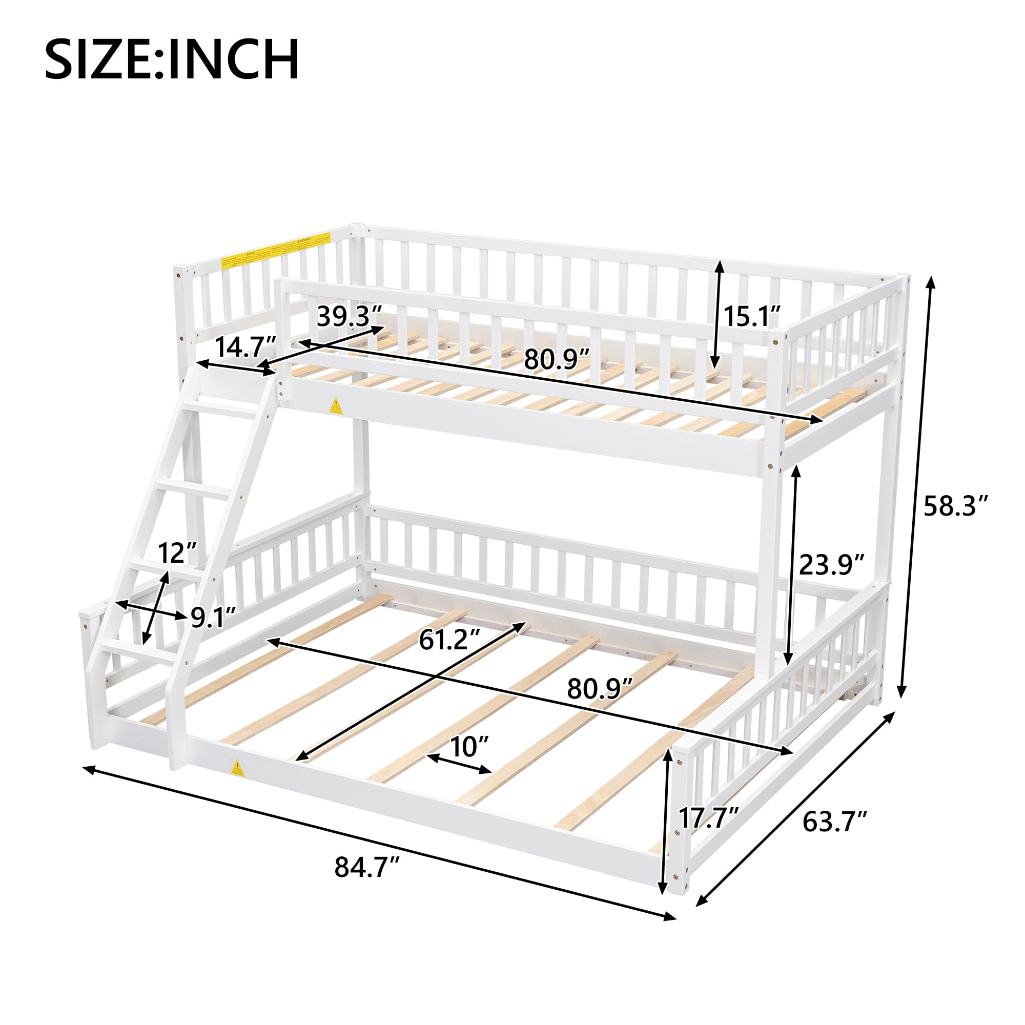 SOFTSEA Twin XL Over Queen Bunk Bed with Build in Ladder, Wood Bunk Bed Frame for Kids, No Box Spring Needed, White