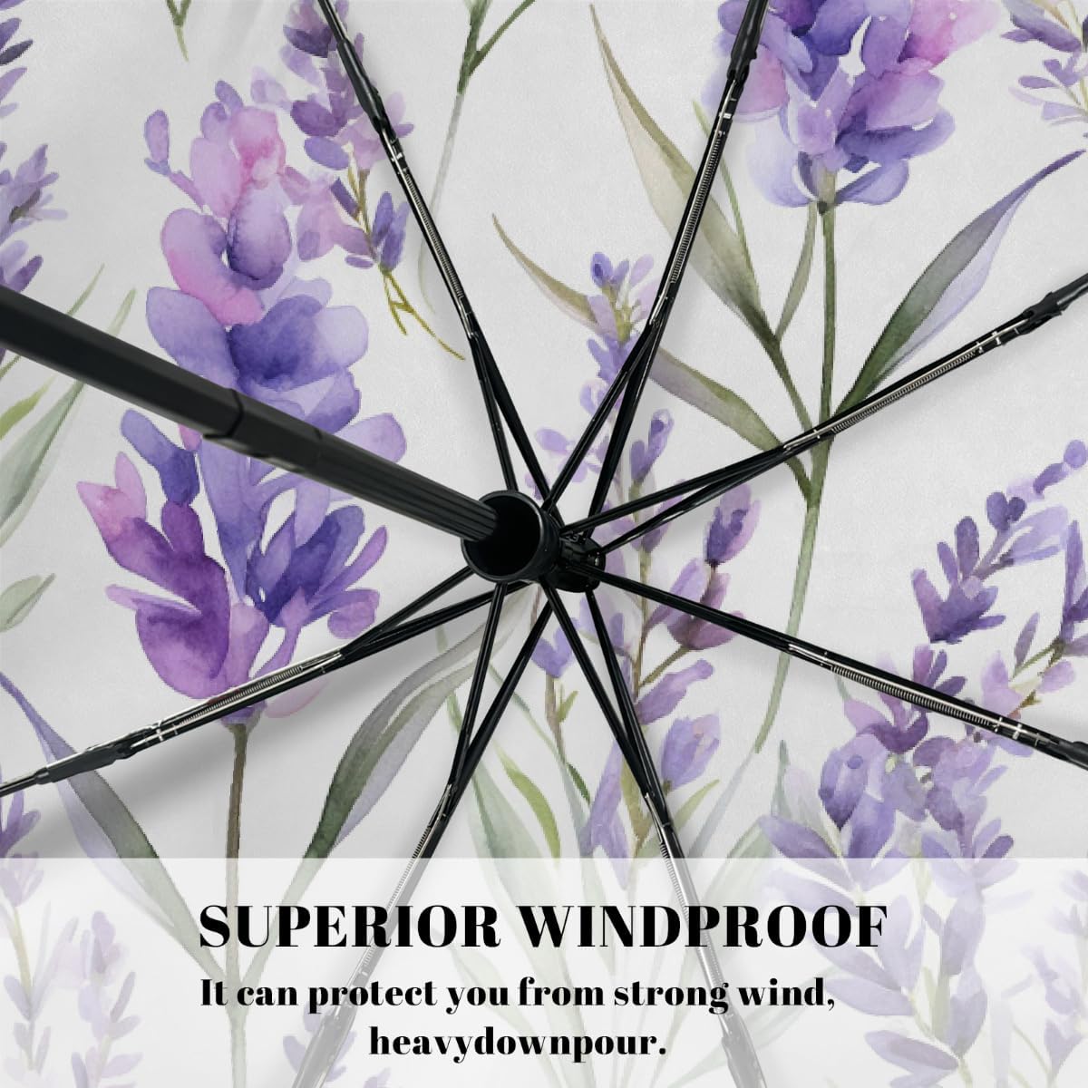 Watercolor Lavender Flower Pattern Folding Umbrella Windproof Compact Lightweight Travel Umbrella with 8 Reinforced Ribs, Portable UV Sun & Rain Protection for Men & Women