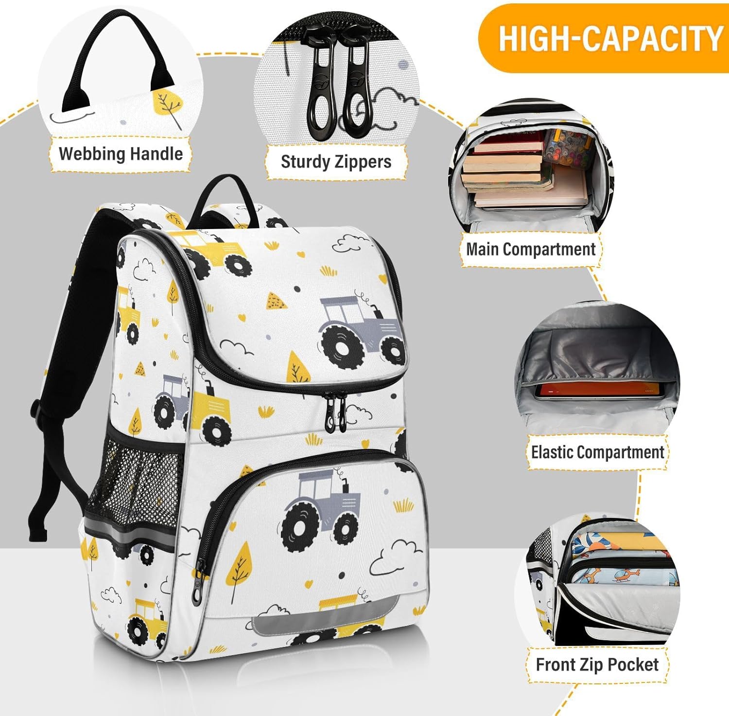 Backpack with Reflective Strip for Kids Boys Girls Elementary School Bag Removable Chest Strap (Tractor)