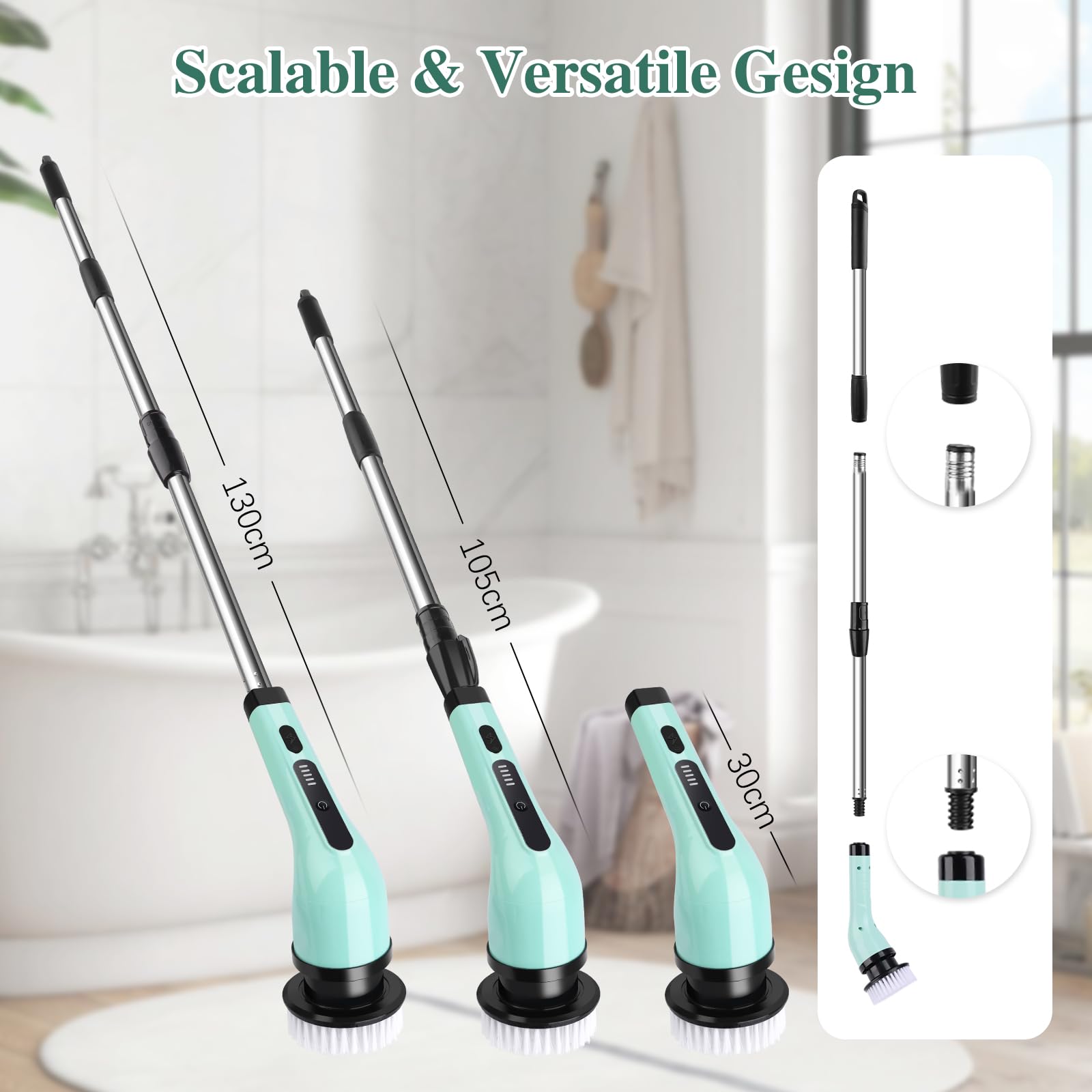 LWMTT Spazzola Elettrica Rotante con 9 Testine di Pulizia Versatili, Spin Scrubber Senza Fili con 2 Velocità Regolabili per Bagno Cucina Pavimento - Verde