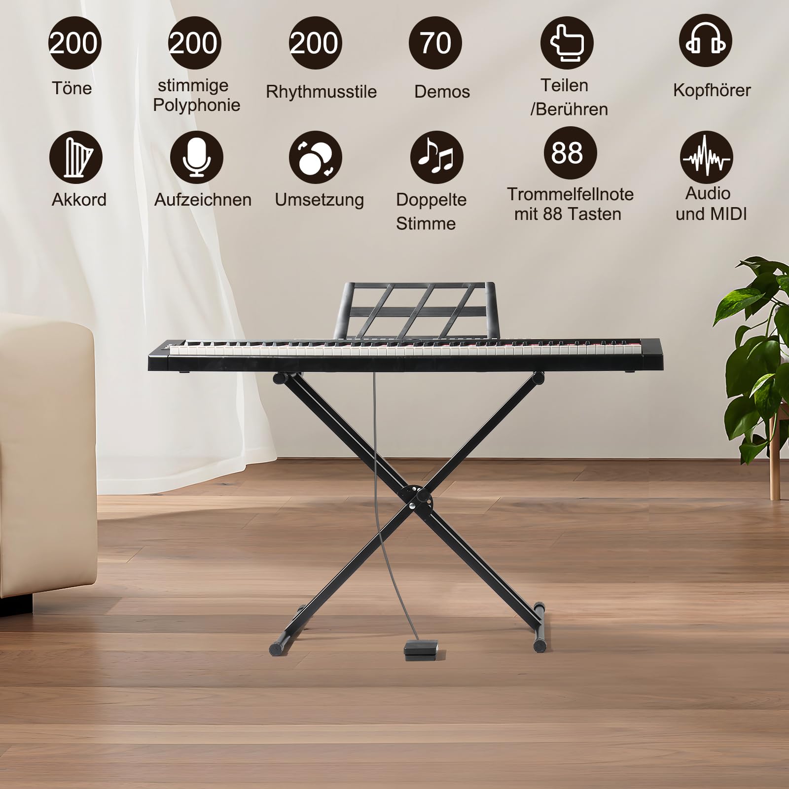 LEADZM Pianoforte Digitale Semi-Pesato a 88 Tasti, Tastiera Full Size, Tastiera Elettronica con Supporto a Forma di X a Doppio Tubo, Bluetooth MIDI, Leggio, Pedale Sustain, Cuffie (Nero, + Supporto)