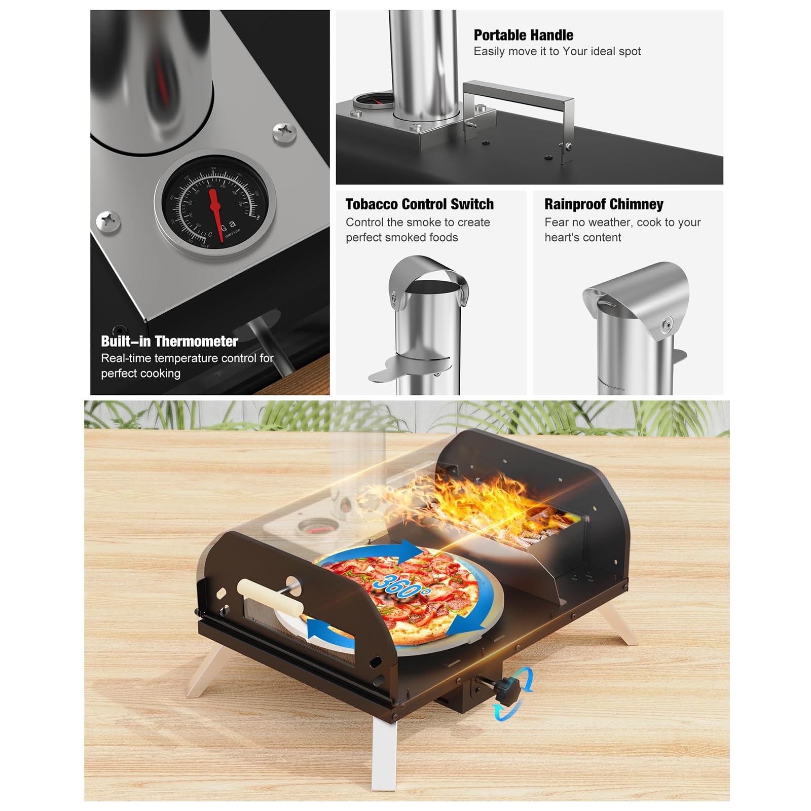 12Inch Per Pizza Portatile Per Feste, Forni Per Pizza A Pellet Di Legno, Griglia Per Pizza Esterna Con Pietra Per Pizza Girevole A 360°, Forni Per Pizza Da Tavolo, Per Cortile/Campeggio