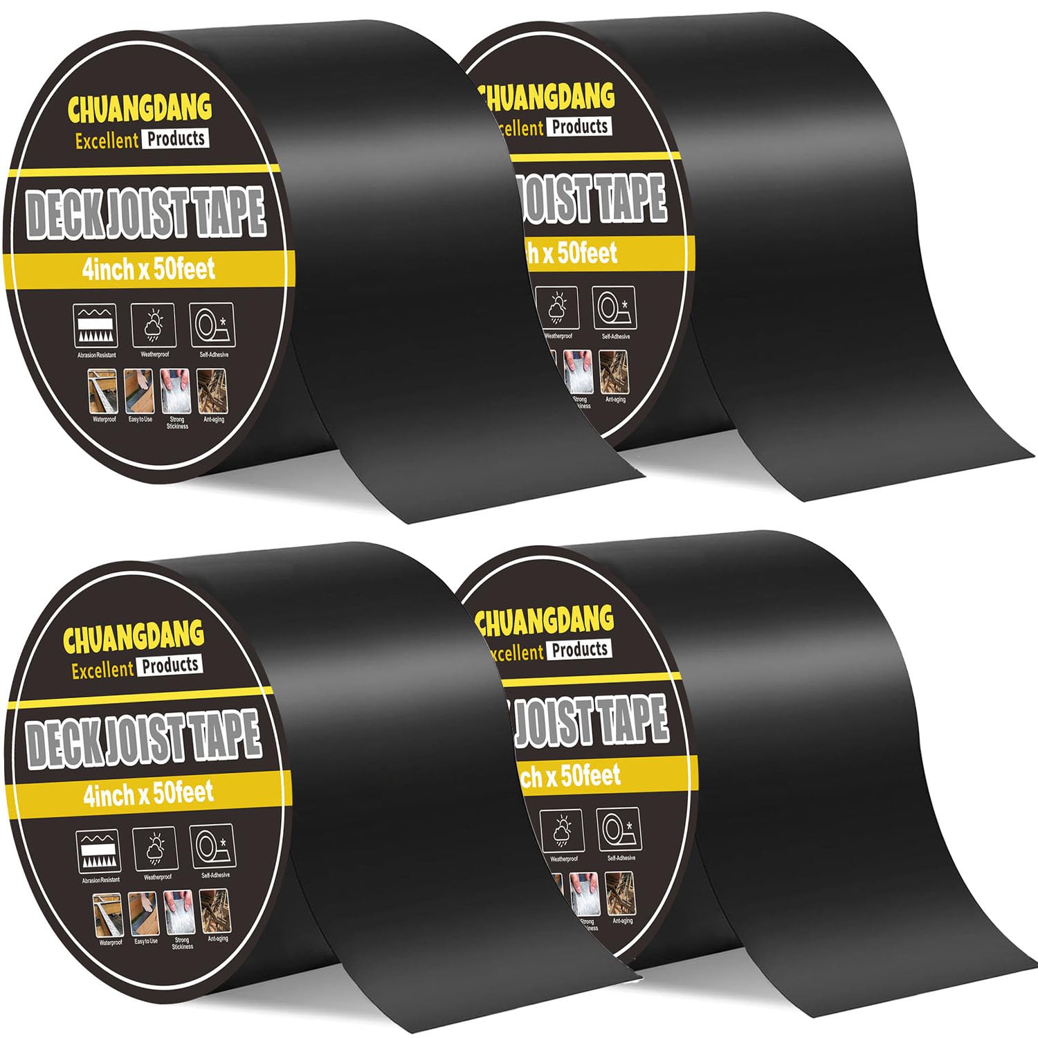 CHUANGDANG Black Joist Tape for Decking,0.7mmx4inx50ft,4-Pack,Anti-Corrosion,Weather-Resistant Butyl,Flashing Tape for Deck,Joist,Roofs Beams,RV,Doors,and Fences,Waterproof Butyl sealant Joist Tapes