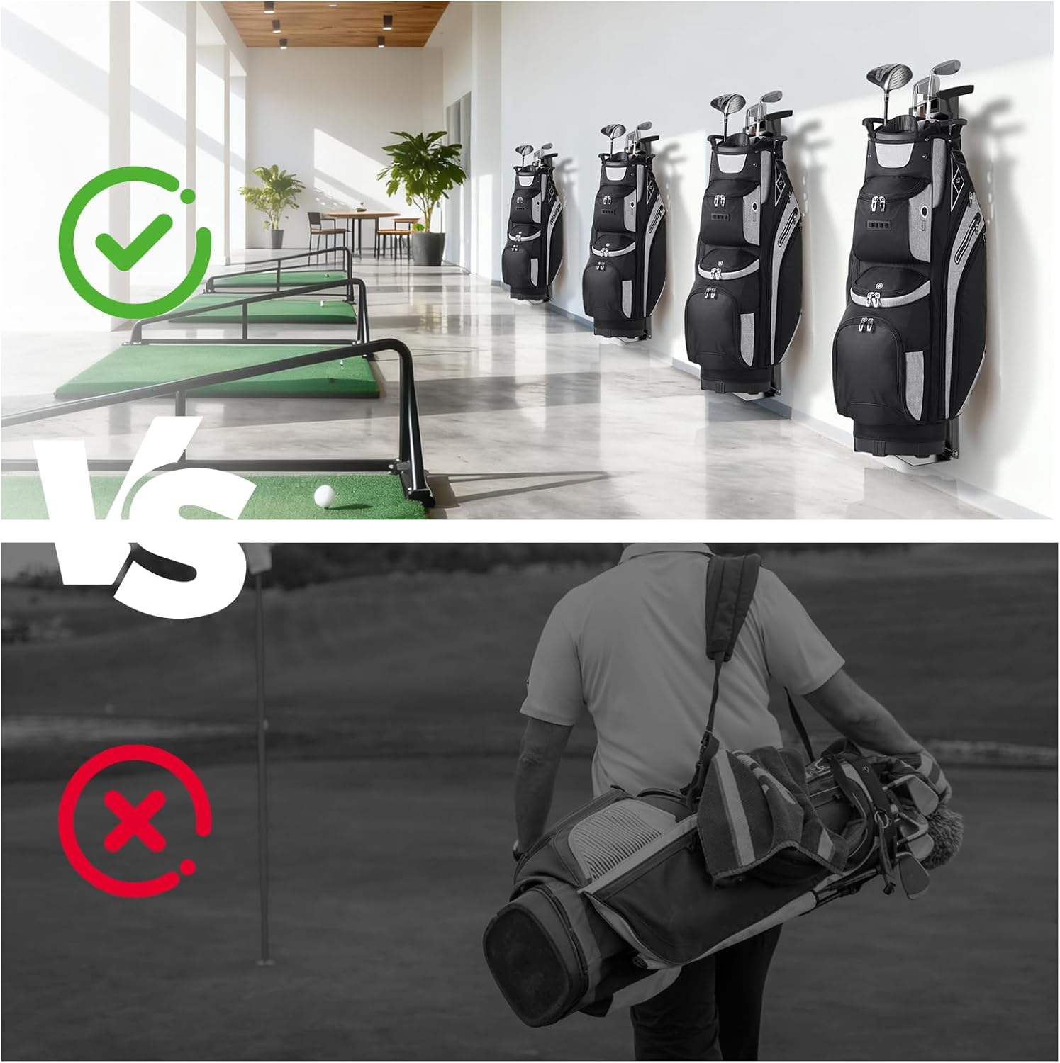 Adjustable Wall Mount Golf Bag Holder - 33.5" to 42.5" Tool-Free Length Adjustment, Heavy-Duty Alloy Steel Storage Rack for Garage, Home, and Golf Club