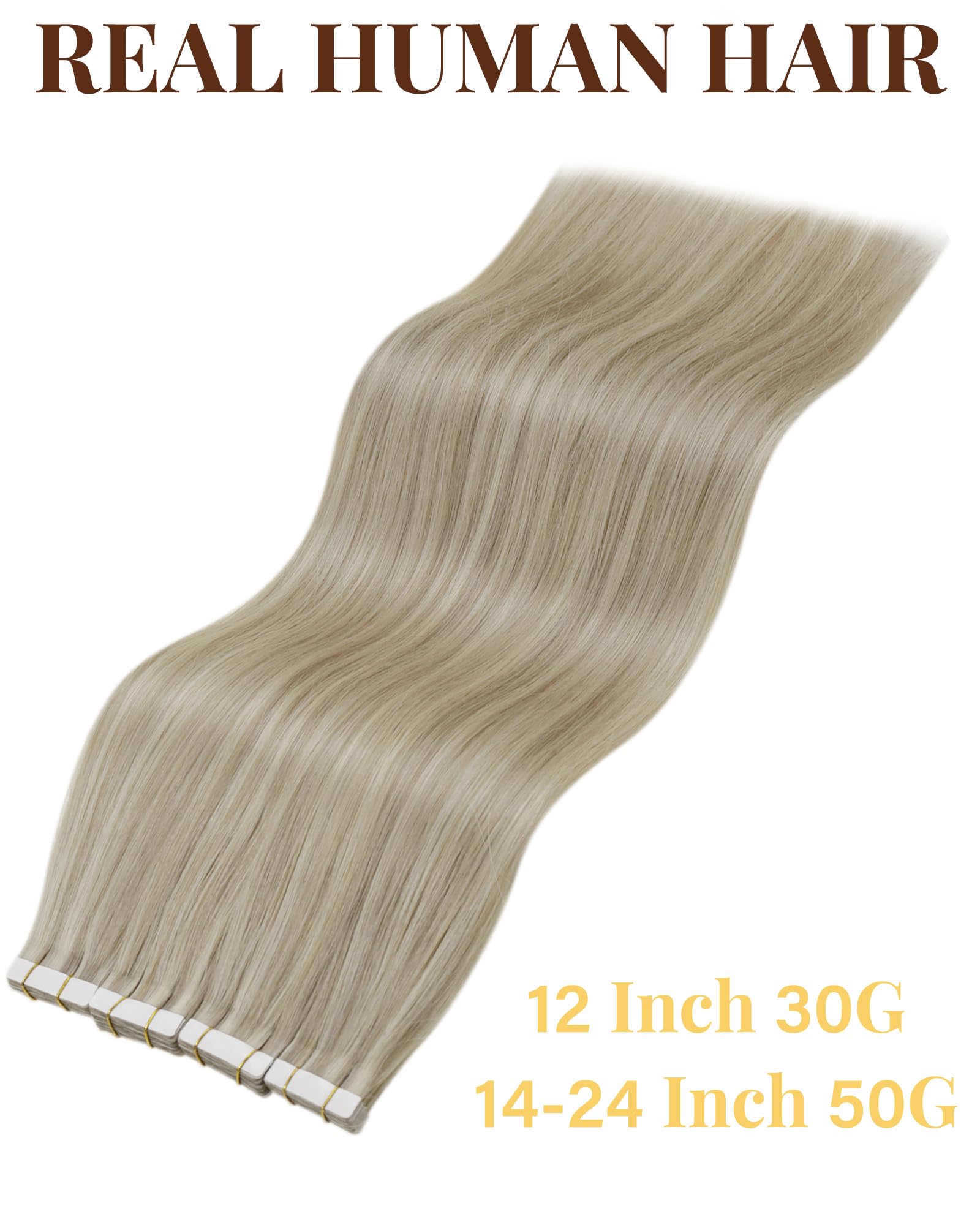 Hetto Tape Extensions Echthaar, Mittelblond mit Hellblonden Highlights, 60cm