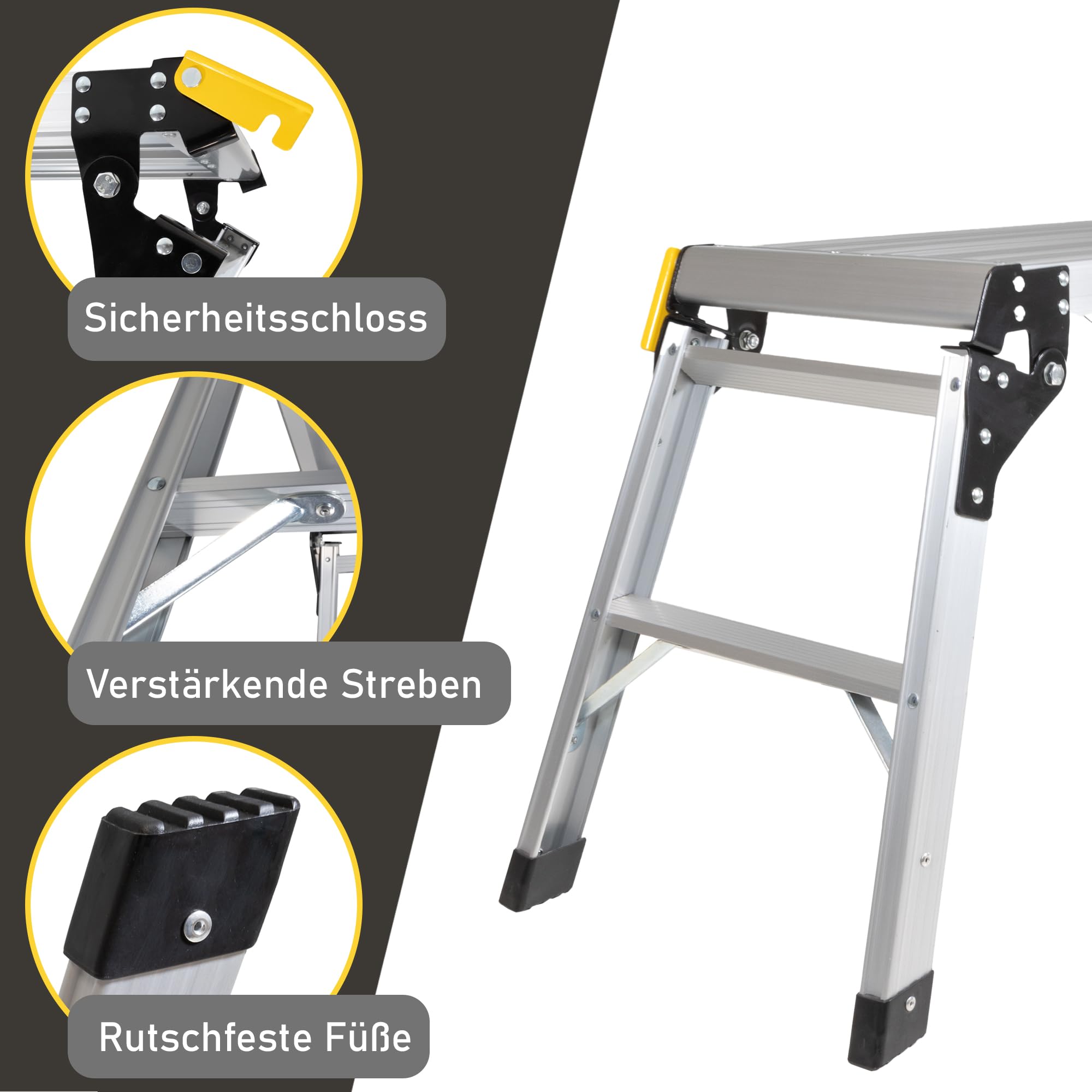 LEMODO Arbeitsplattform | Arbeitsbühne mit Antirutsch-Oberfläche 51 x 30 cm | Laufbühne bis zu 150 kg belastbar | Aluleiter mit 2 Stufen | Plattformleiter