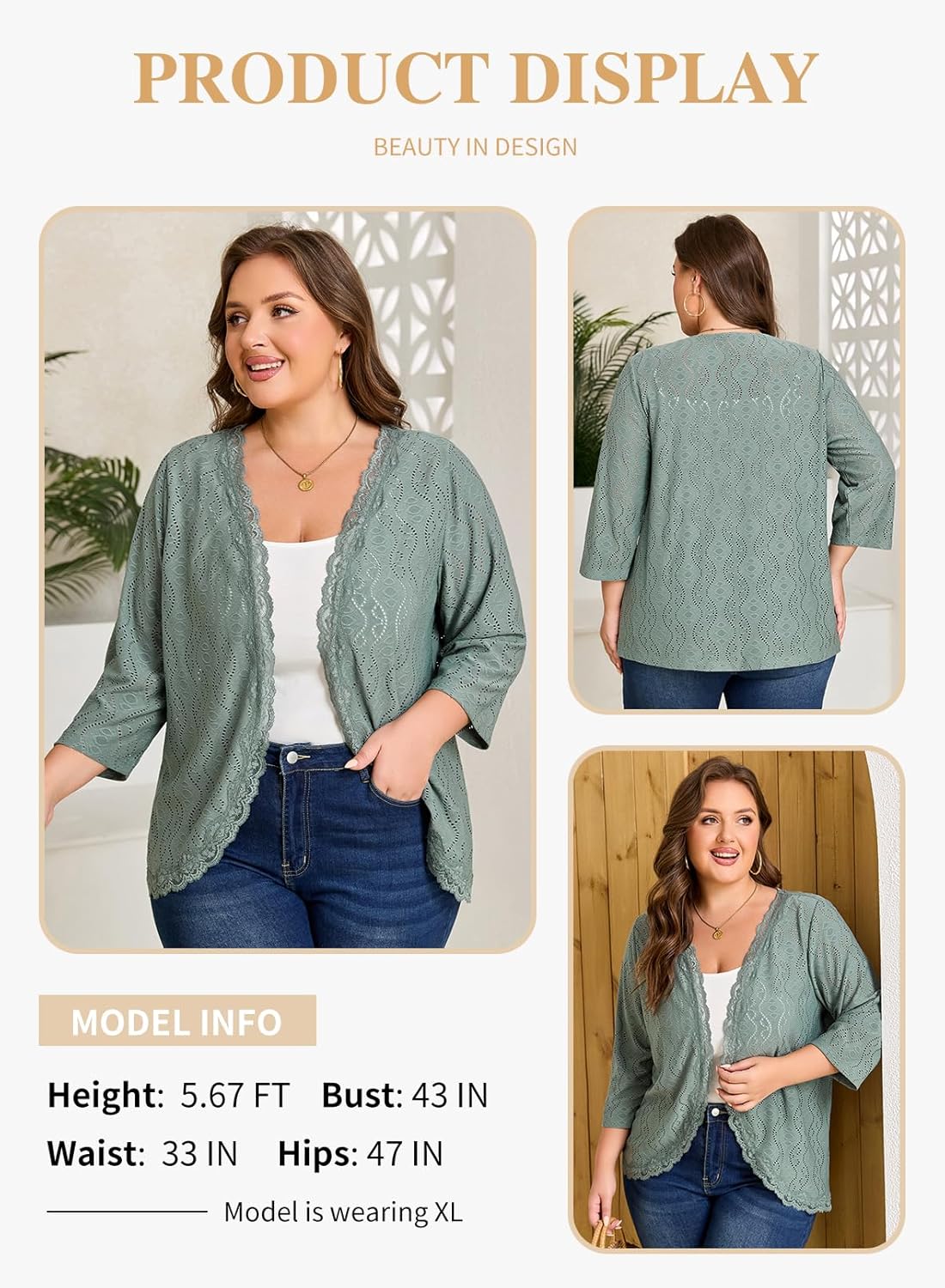 Eytino Plus Size Cardigan for Women Summer Casual Loose Half Sleeve Knit Jacquard Fashion Lace Open Front Tops(1X-5X) - Image 3