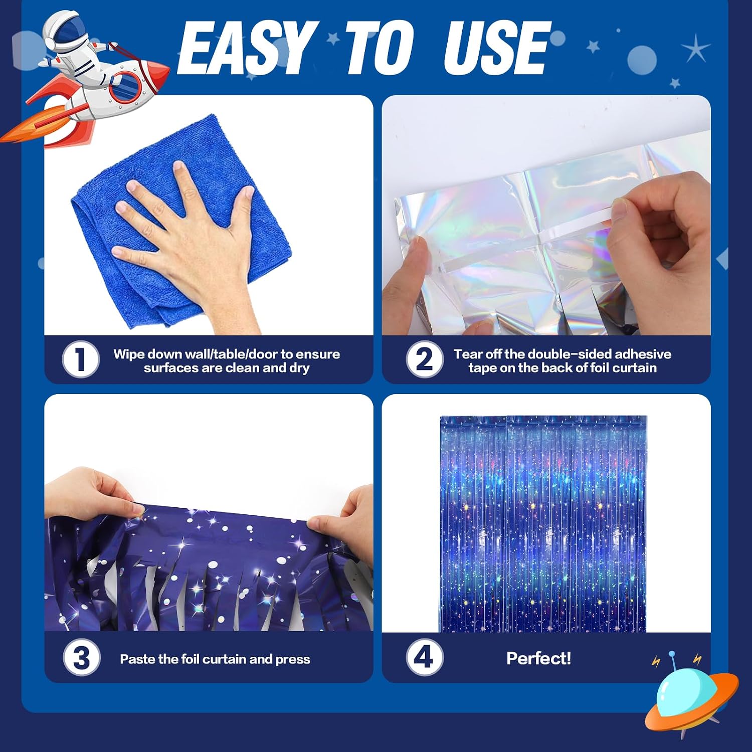 3 PCS Galaxy Foil Curtains Backdrop for Space Themed Party Decorations, 3.3 x 6.6 ft Blue Iridescent Tinsel Curtains, Foil Fringe for Photo Booth, Outer Space Birthday or Alien Party