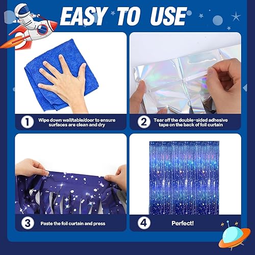Miniatura 5 de 3 cortinas de papel de aluminio de galaxia para decoraciones de fiestas temáticas espaciales, cortinas de oropel iridiscente azul de 3.3 x 6.6 pies,