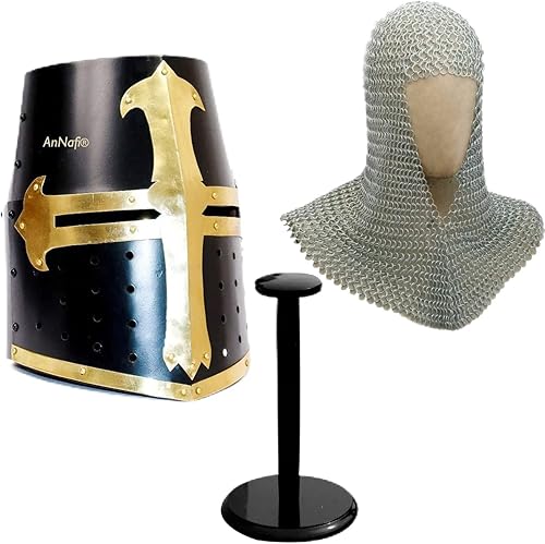 AnNafi Réplica de casco medieval de caballero cruzado + malla de aluminio + soporte de casco de madera Disfraz de caballero cruzado templario