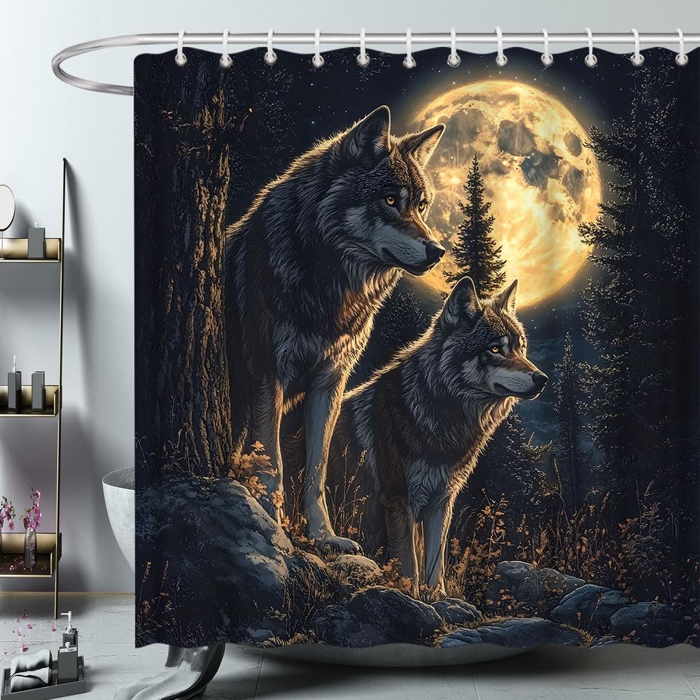 Forest Moon Wolf Shower Curtain Wild Animal Stand Under Super Moon Black Grey Starry Pine Tree Misty Forest Safari Country Hunting Theme Bathroom Polyester Curtains Set with Hooks 75x70 Inch