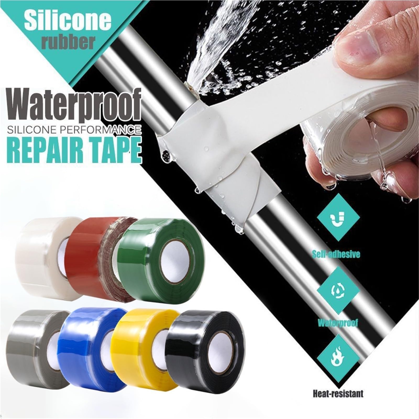 Nastro isolante in gomma siliconica autofusibile, Nastro for tubi in silicone autofondente da 12 rotoli 1 pollice x 10 piedi 0,5 mm multicolore(Green)
