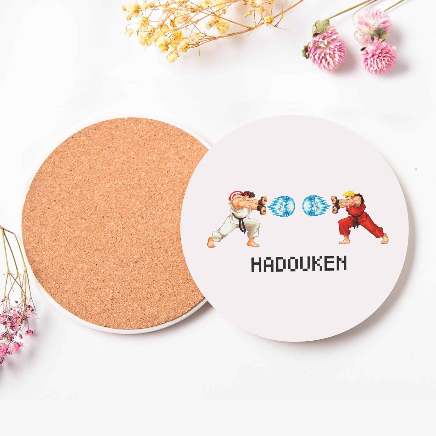 sous Verre Ronds en céramique - Hadouken Pixel Art Jeux Vidéo Retro Video Game Combat 8 Bits - Lot de 6 (108 x 108 mm)