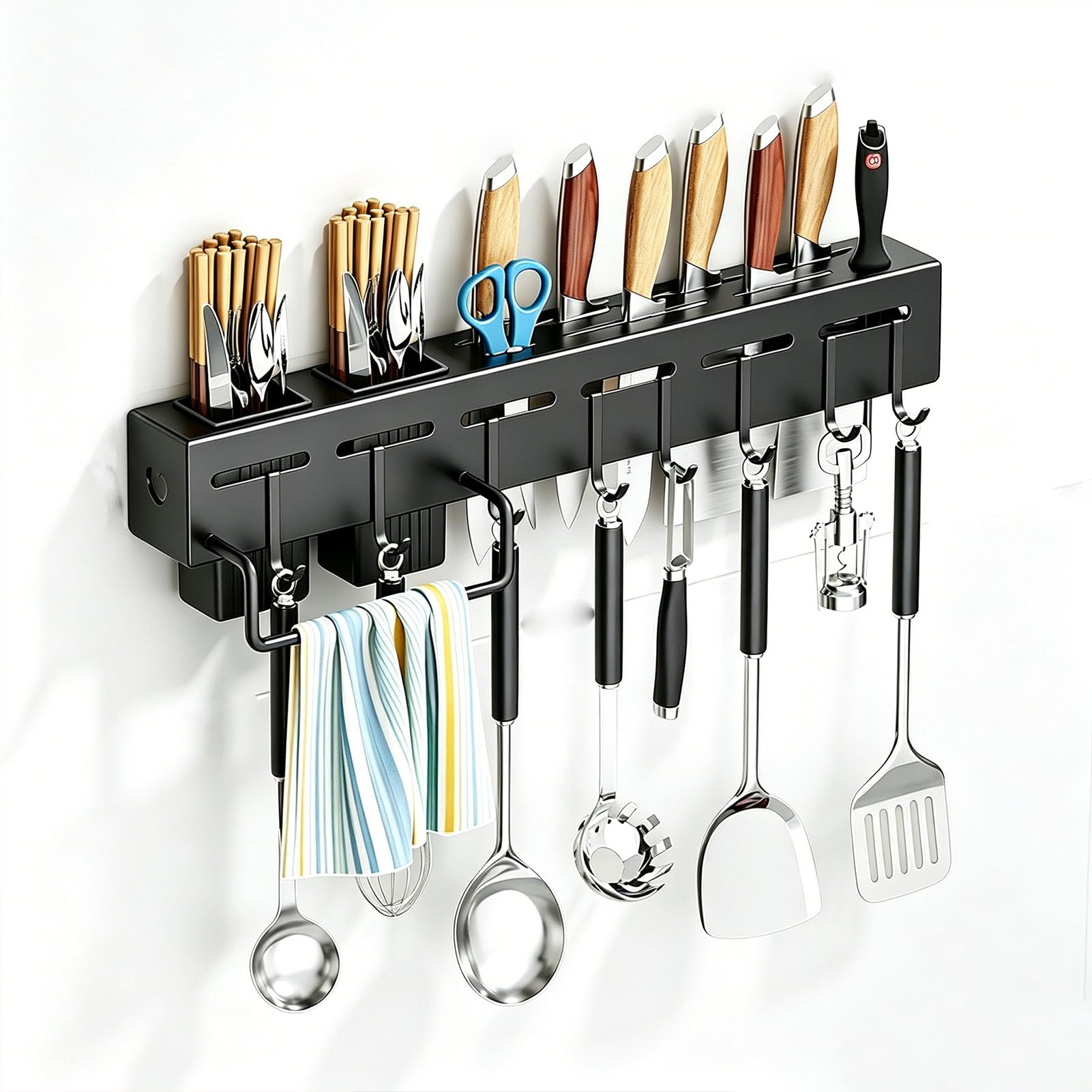 TBATM Kitchen Corner Wall Organizer, Multifunctional Knife Holder Storage Rack for Knives, Chopsticks and Cooking Tools,Black Towel Rack Hook,50cm
