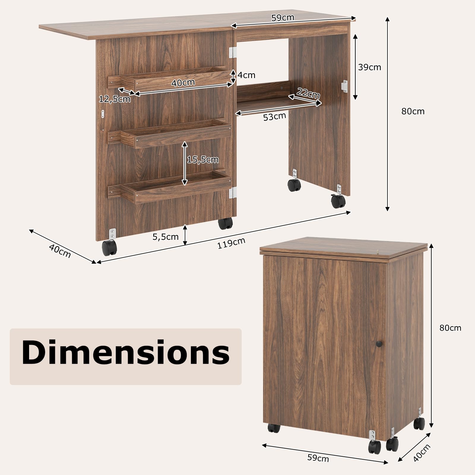 GIANTEX Table Couture Pliante, Meuble Machine à Coudre avec 4 Étagères pour Travaux Manuels, 5 roulettes, Armoire Couture avec Rangement pour Petits Espaces (118,5 x 40 x 79,5 cm, Marron)