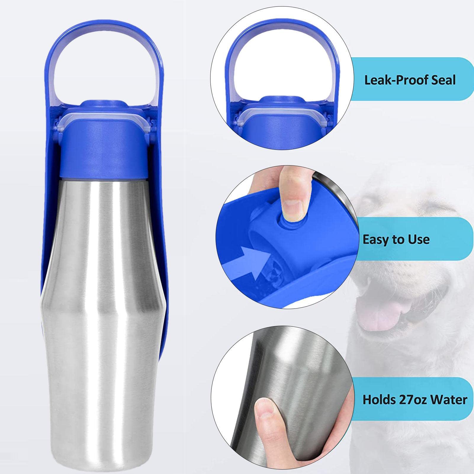 Borraccia per cani da viaggio, 750 ml, pieghevole, in acciaio inox, portatile, a prova di perdite, coperchio per cani, per escursioni, campeggio, viaggi