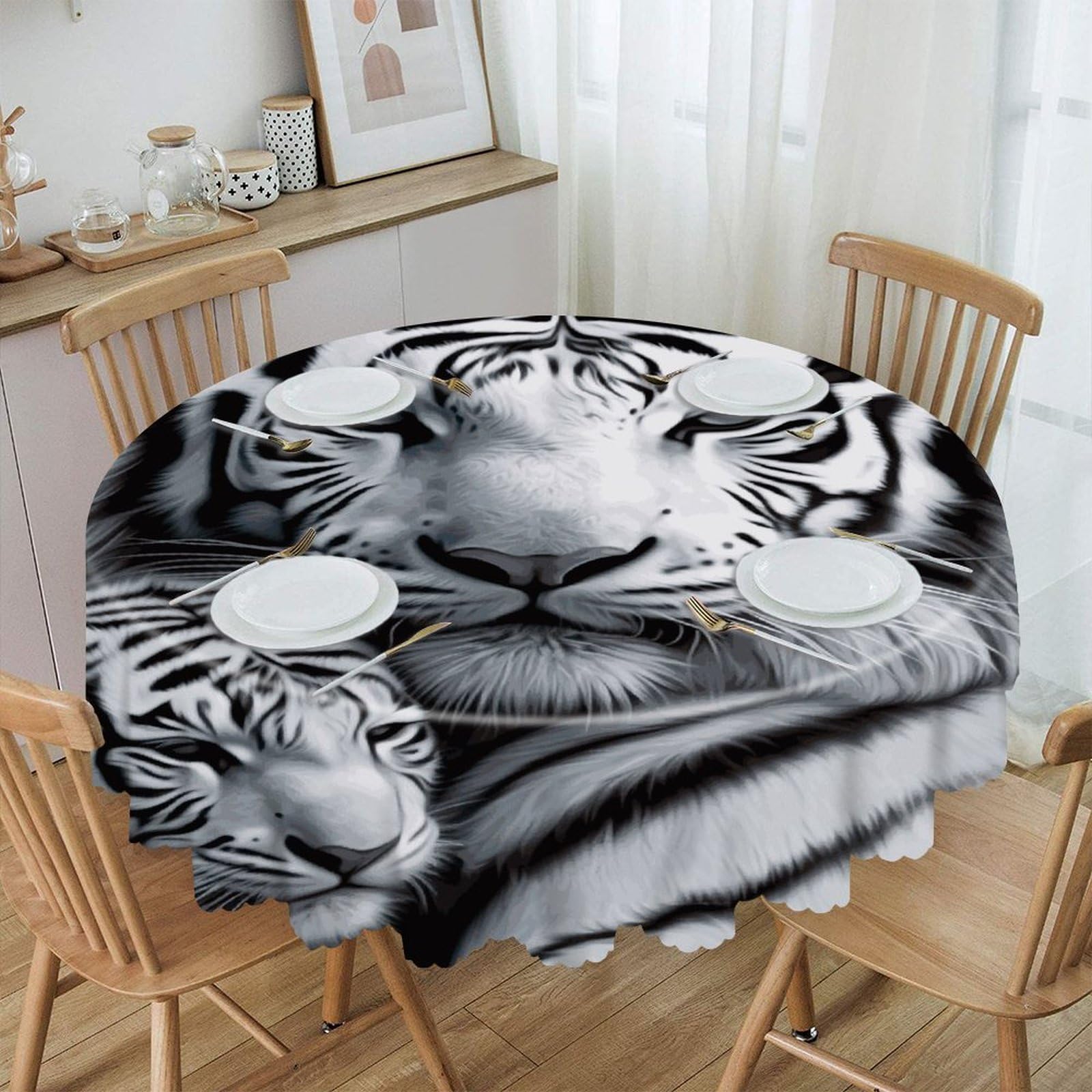 VstaDank White Tiger Round Tablecloth 60 Inch Easy to Clean Circle Table Cover Thick Decorative Round Polyester Table Cloth for Dining Kitchen Party Farmhouse Outdoor