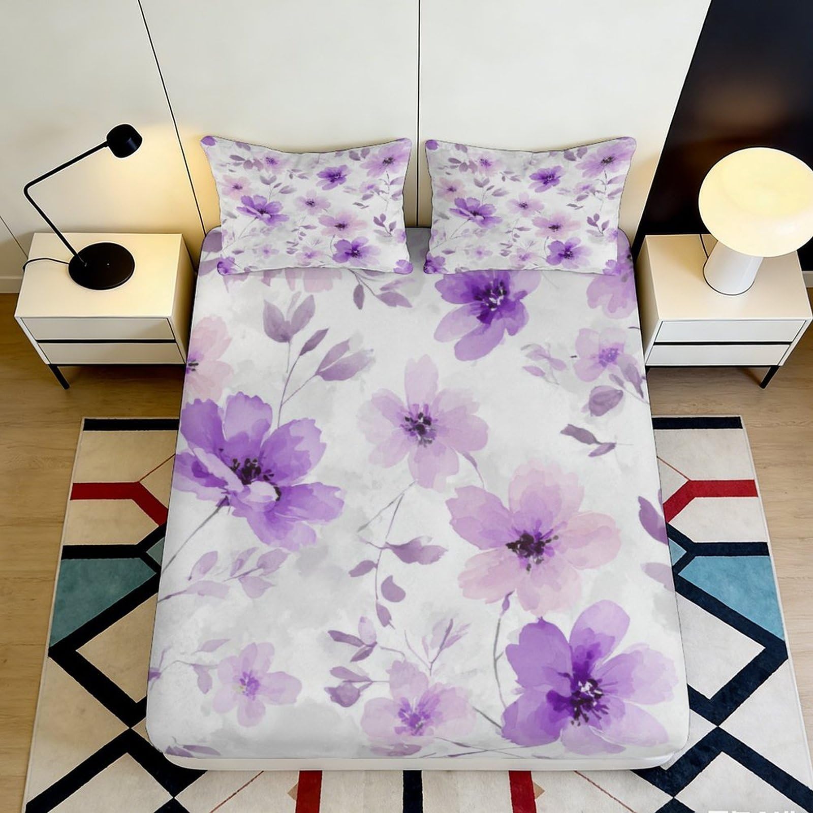 Pnayamiorkfel Style-10 3D Printed Purple Floral Fitted Sheet Microfiber Soft Breathable Watercolor Blossom Bed Cover For Bedroom Guest Room Decor 90X200x25cm