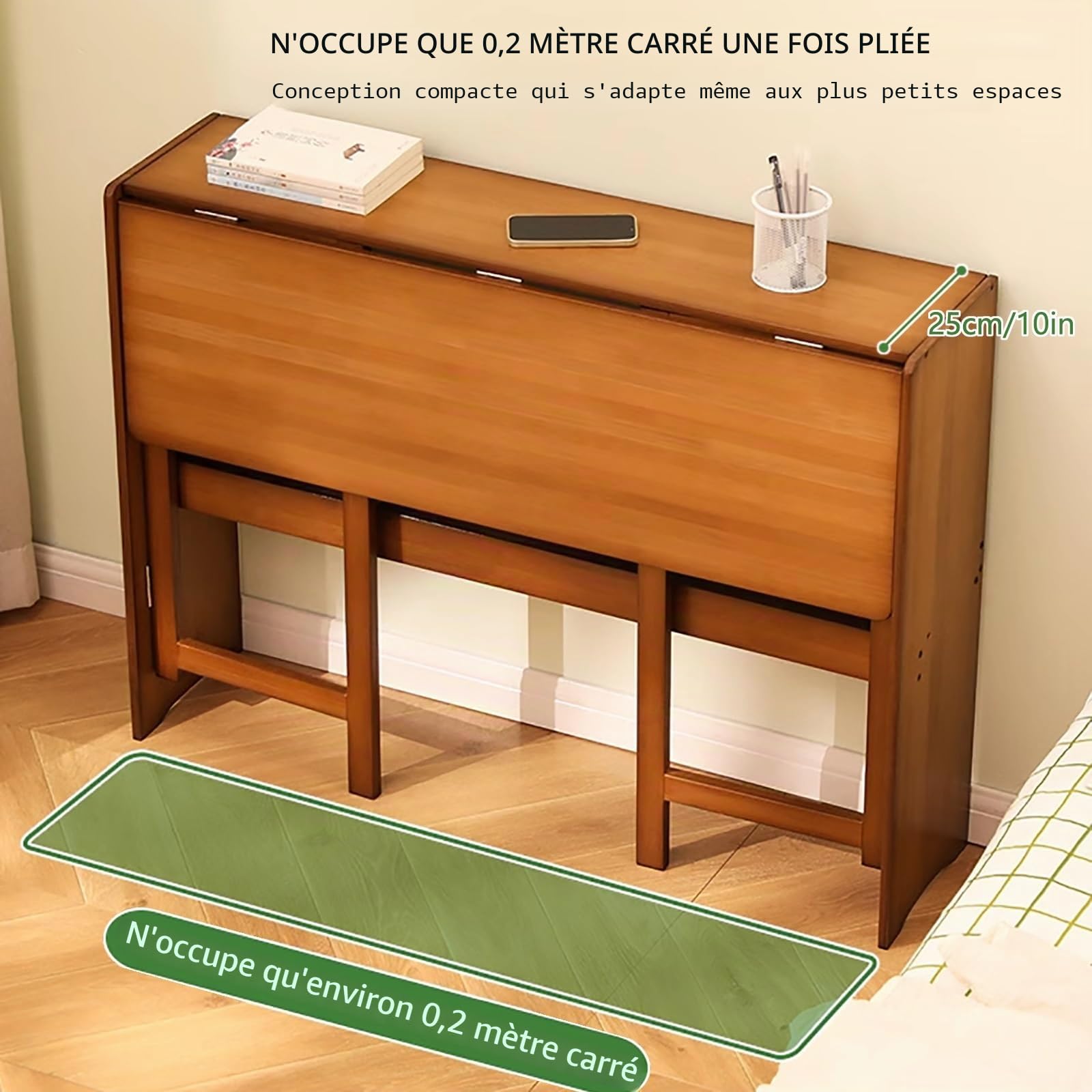 Table Pliante en Bambou Naturel, Bureau Extensible Pour Petit Espace, Avec Huche, Pour l'Étude et le Travail (Couleur Originale 100cm/39.3)