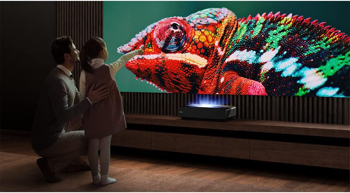 Hisense 100L5G-CINE100A 4K UHD Laser TV, UST Ultra Short Throw Projector with 100 ALR Screen, 2700 ANSI Lumens, Android TV, HDR10, 30W (Stereo) Dolby Atmos, Built-in Alexa and Google Assistant Hisense 100L5G-CINE100A 4K UHD Laser TV, UST Ultra Short Throw Projector with 100 ALR Screen, 2700 ANSI Lumens, Android TV, HDR10, 30W (Stereo) Dolby Atmos, Built-in Alexa and Google Assistant